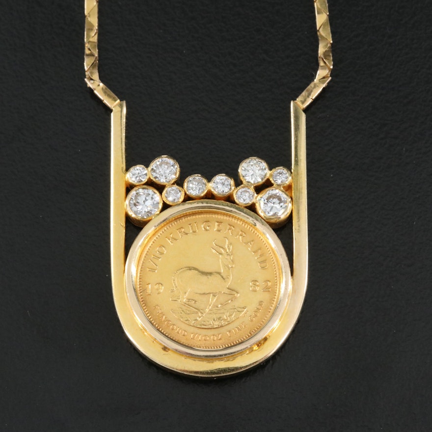 14K 0.67 CTW Diamond Necklace with 1982 South African Krugerrand Bullion Coin