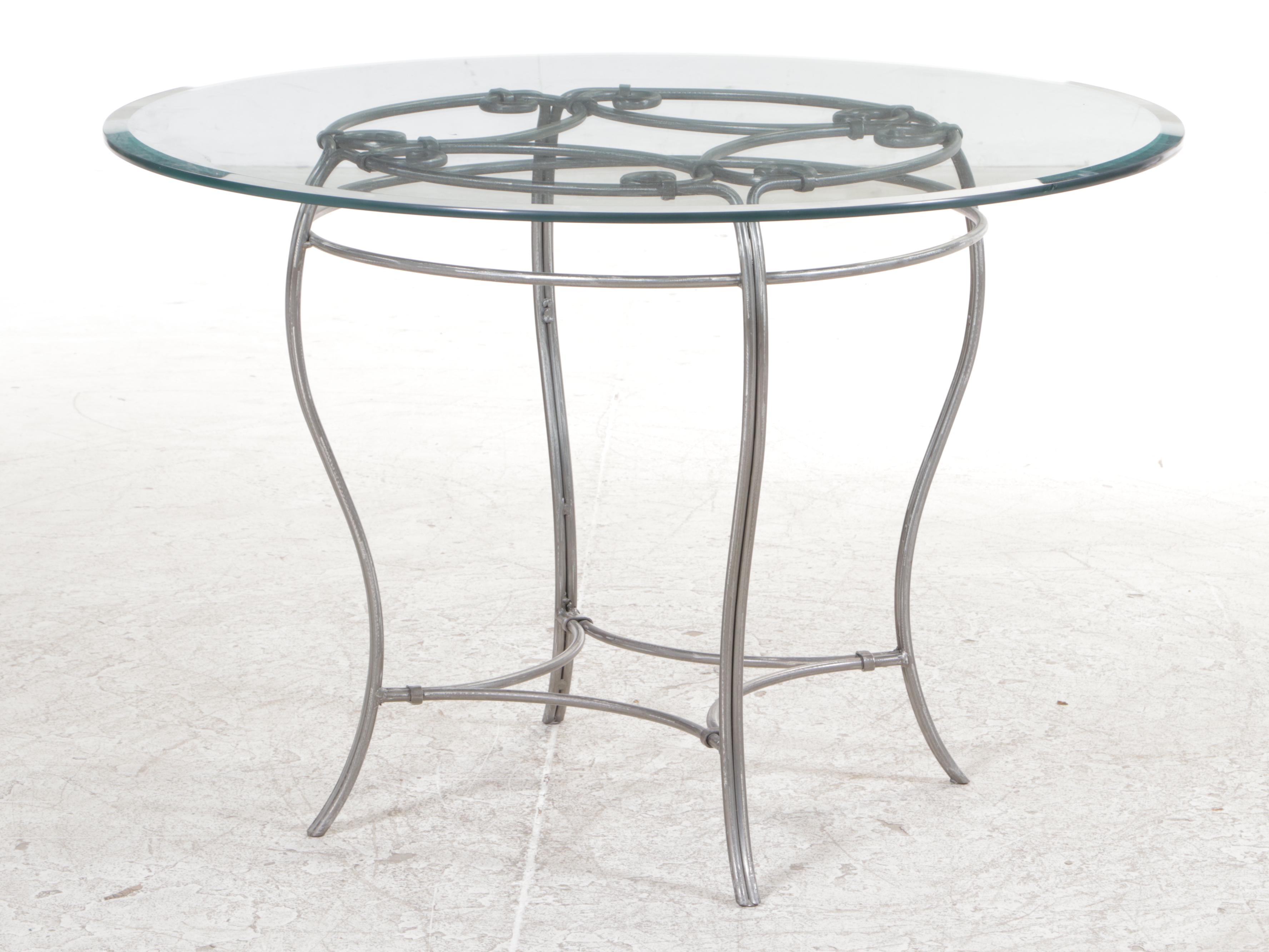 Contemporary Glass Top Wrought Metal Dining Table and Four Chairs