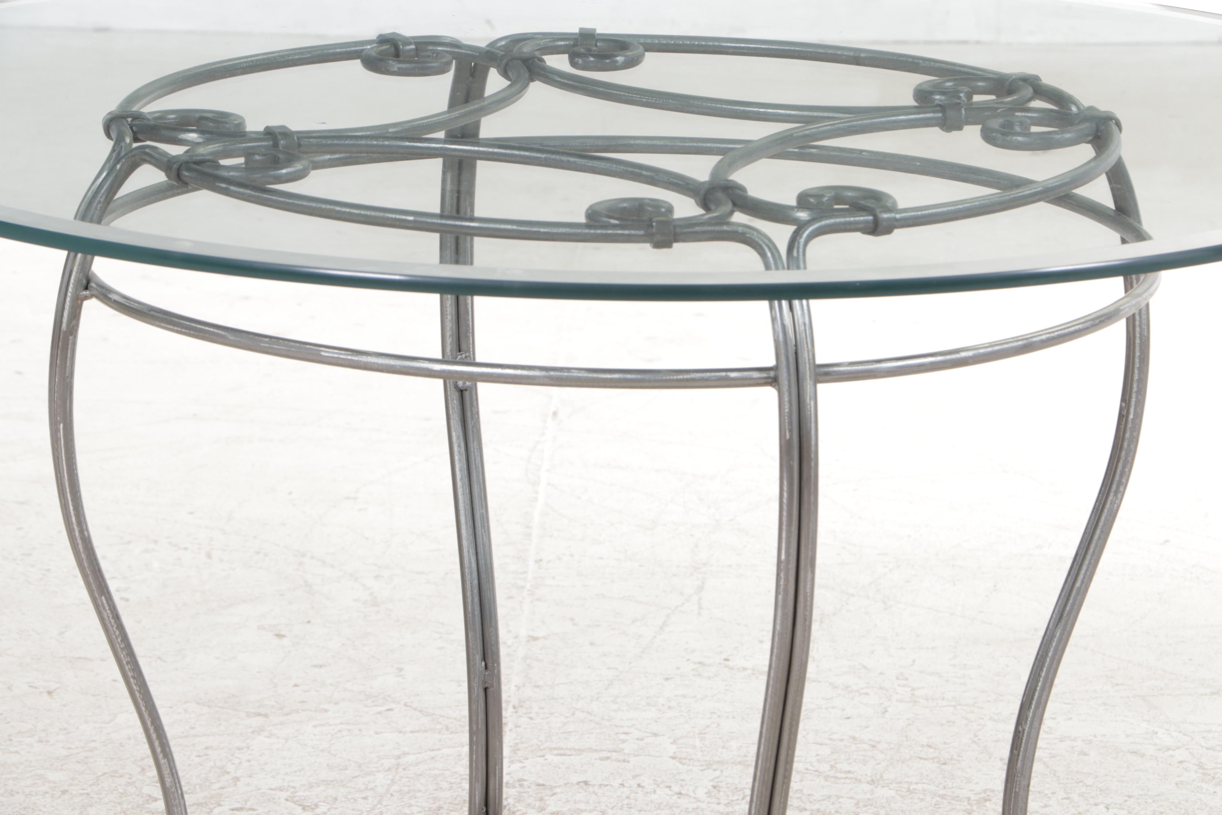 Contemporary Glass Top Wrought Metal Dining Table and Four Chairs
