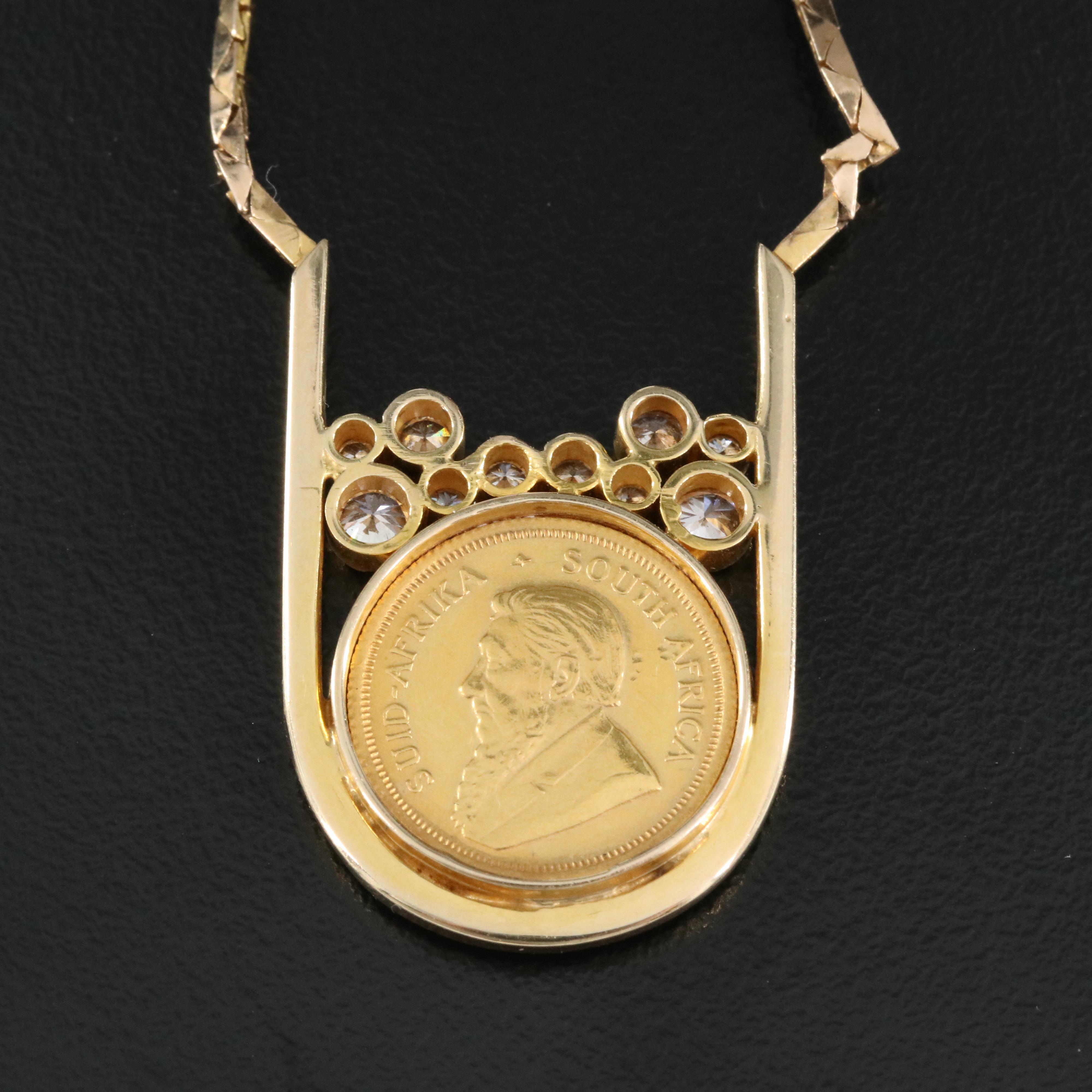 14K 0.67 CTW Diamond Necklace with 1982 South African Krugerrand Bullion Coin