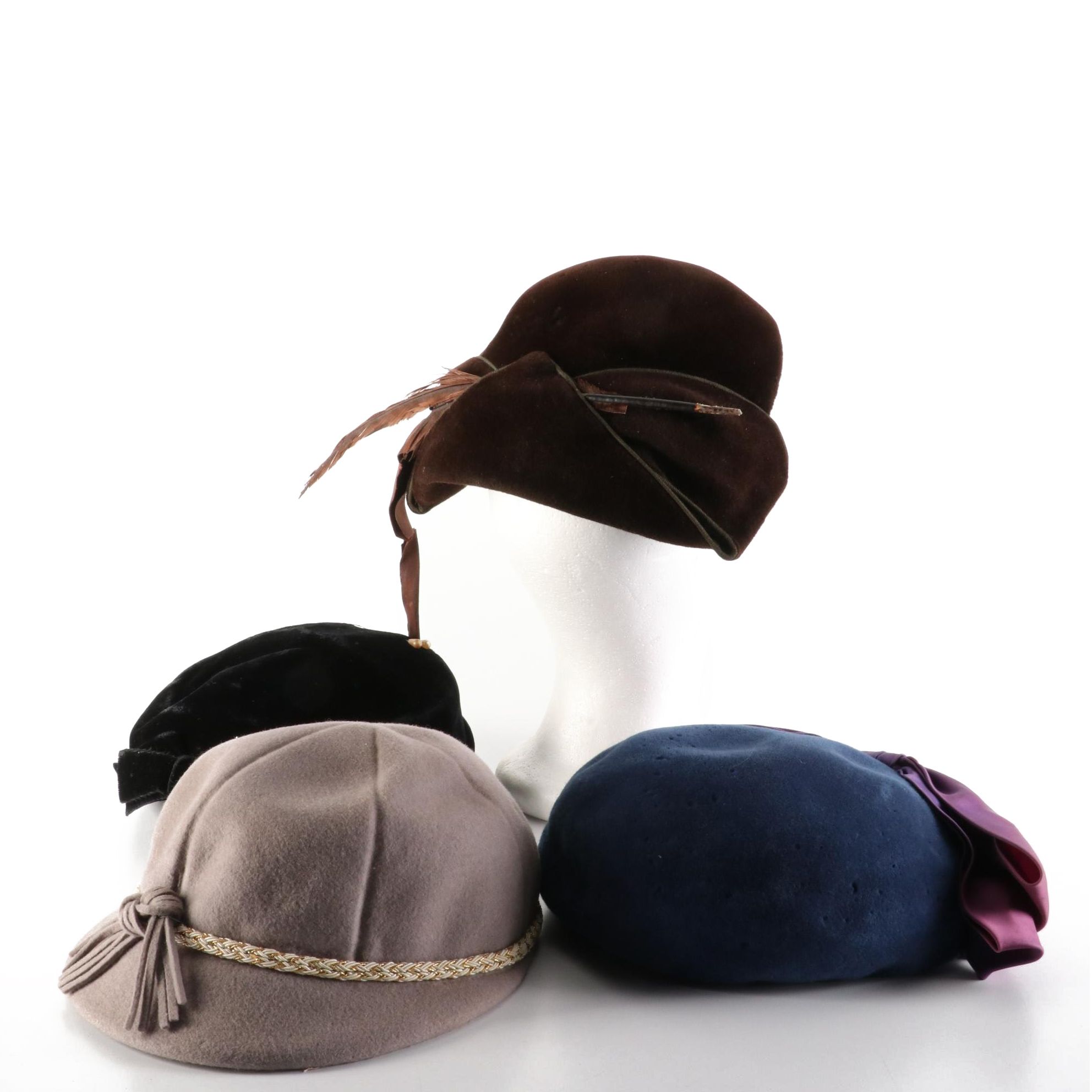 Feathered Fur Felt Calot with Felt Cloche with Fur Felt and Velvet Cocktail Hats