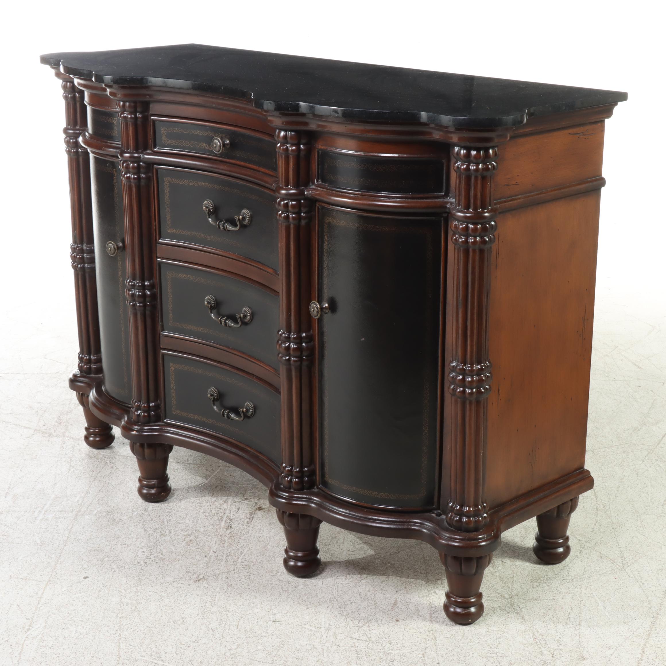 Baroque Style Serpentine Form Wood, Faux Leather and Stone Top Buffet