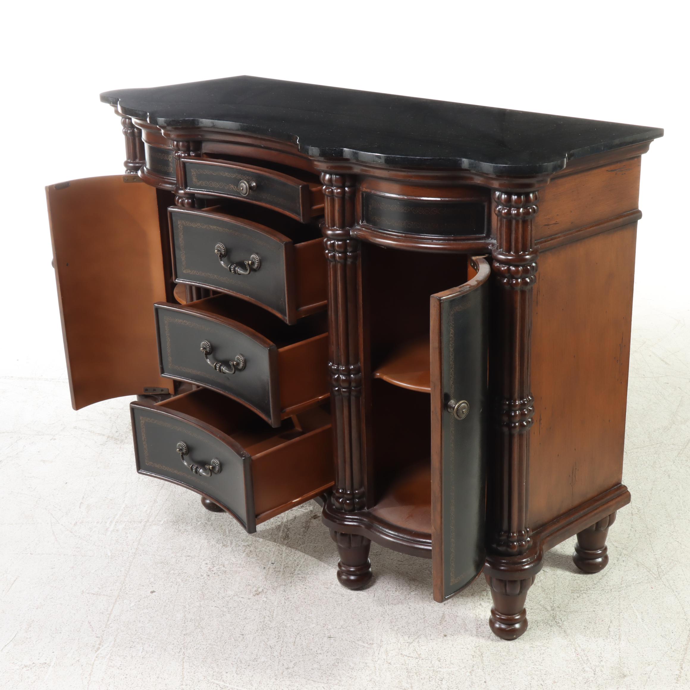 Baroque Style Serpentine Form Wood, Faux Leather and Stone Top Buffet