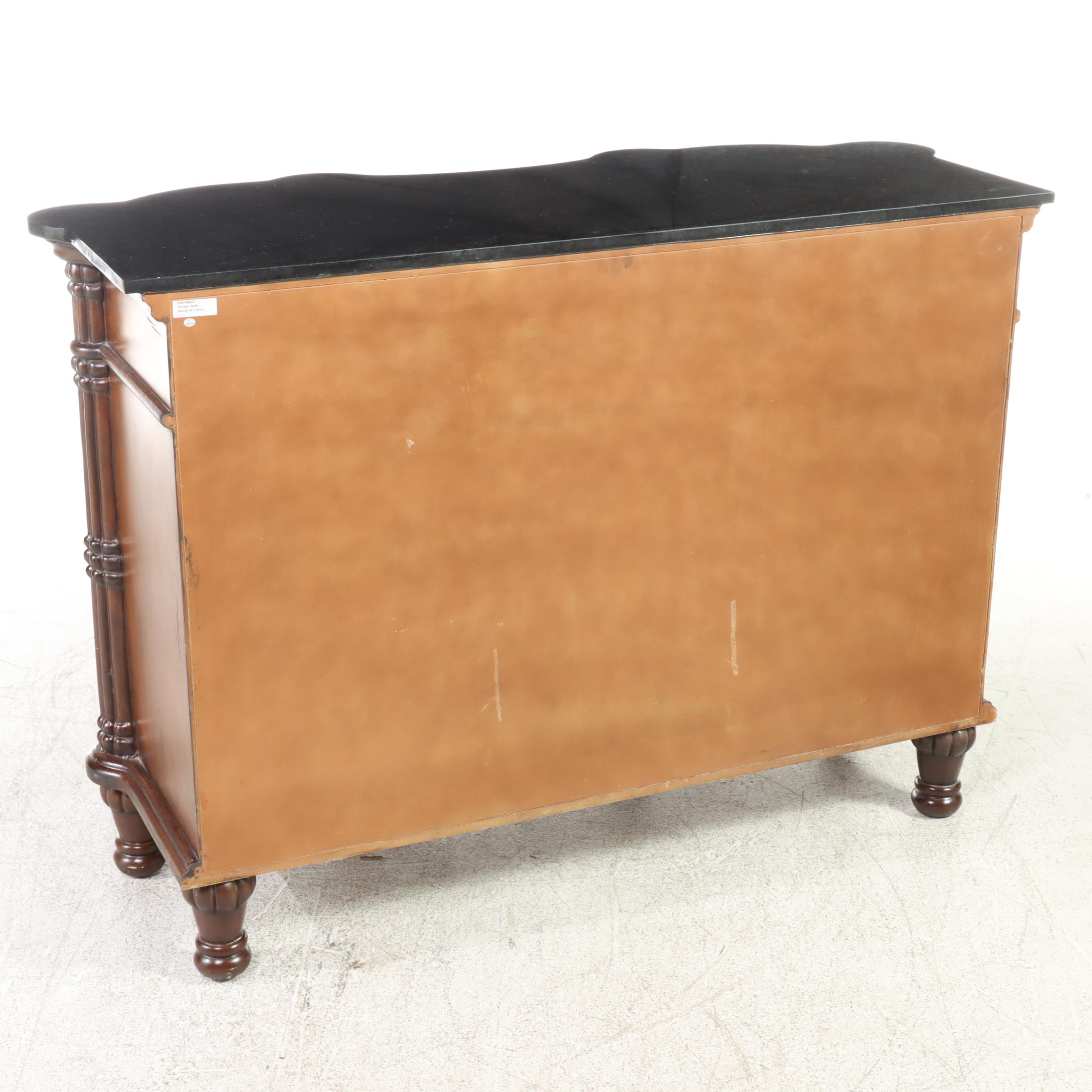 Baroque Style Serpentine Form Wood, Faux Leather and Stone Top Buffet