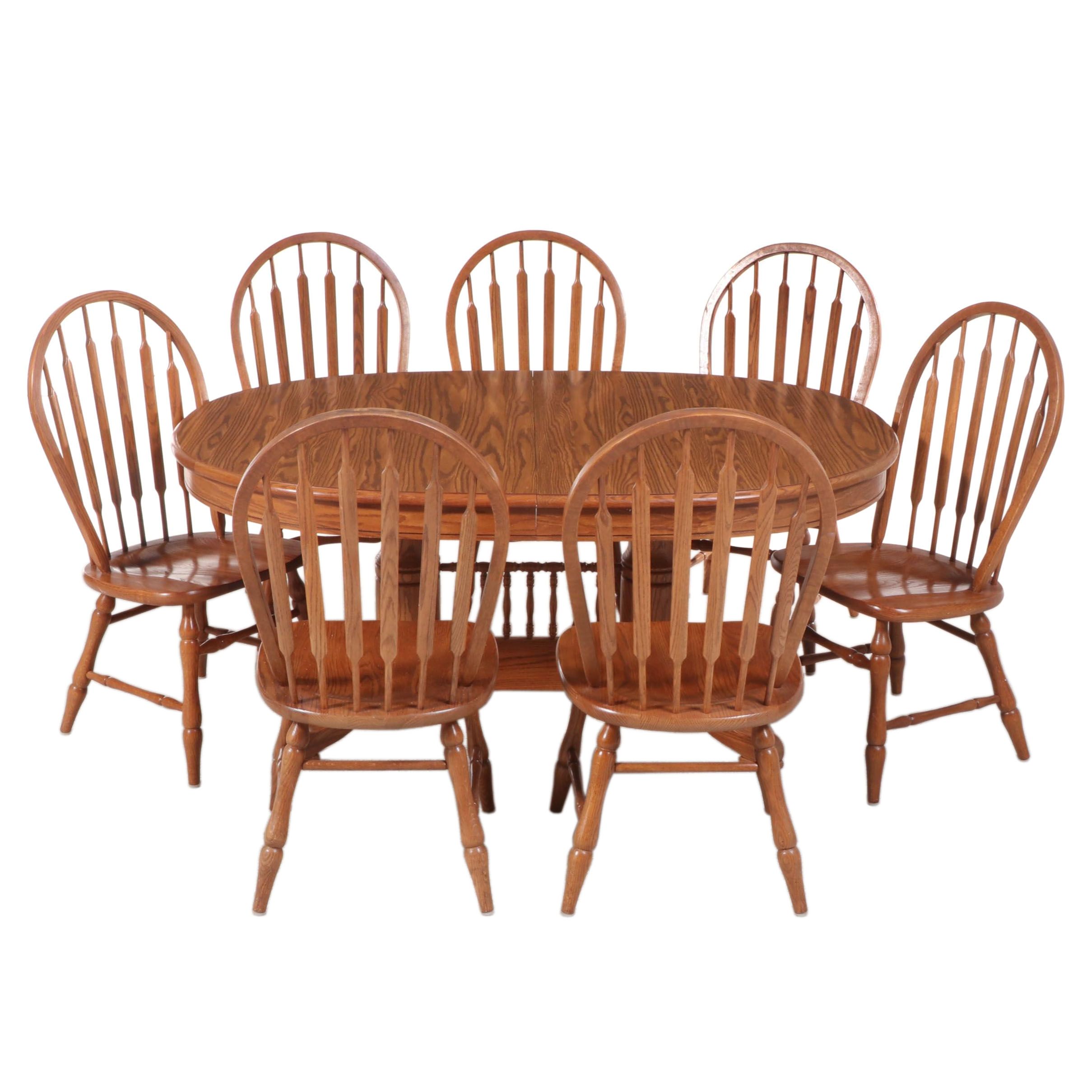 Oak Double Pedestal Dining Table with Tell City Chairs, Late 20th Century