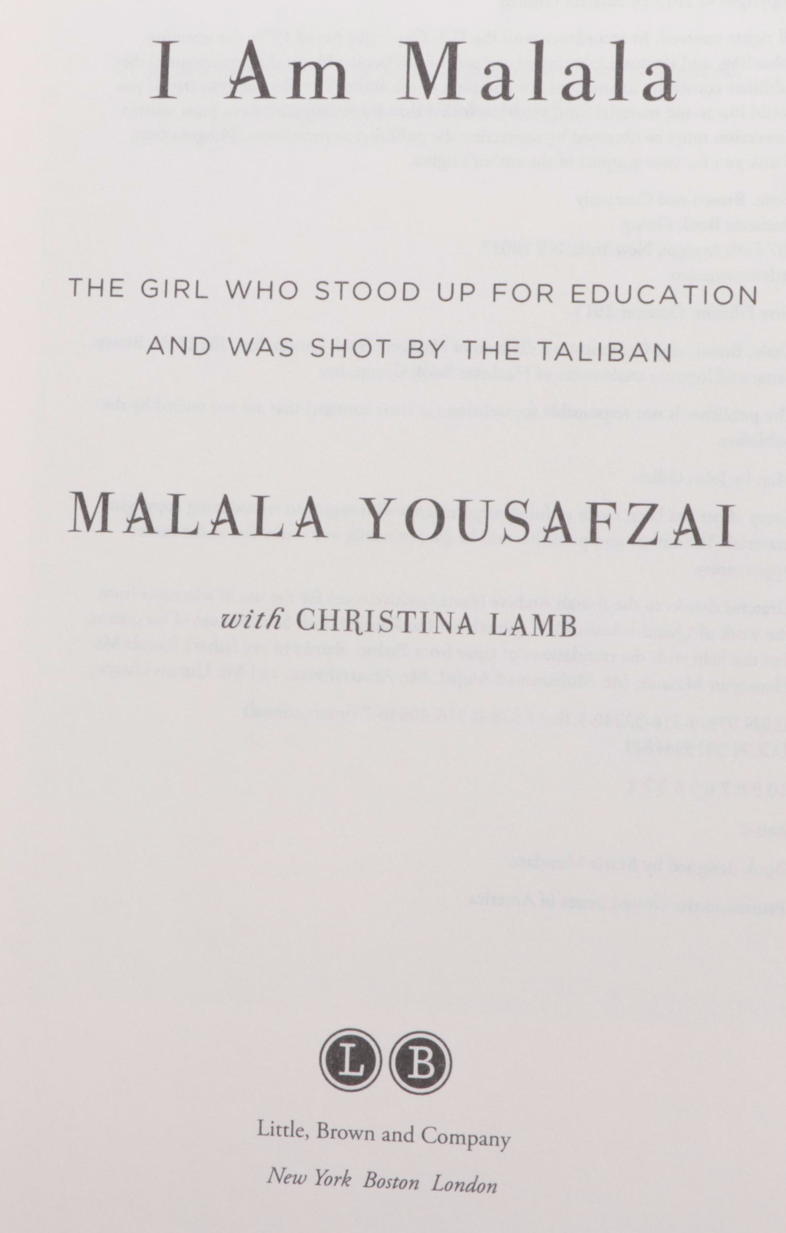 Signed First Edition "I Am Malala" by Malala Yousafzai, 2013