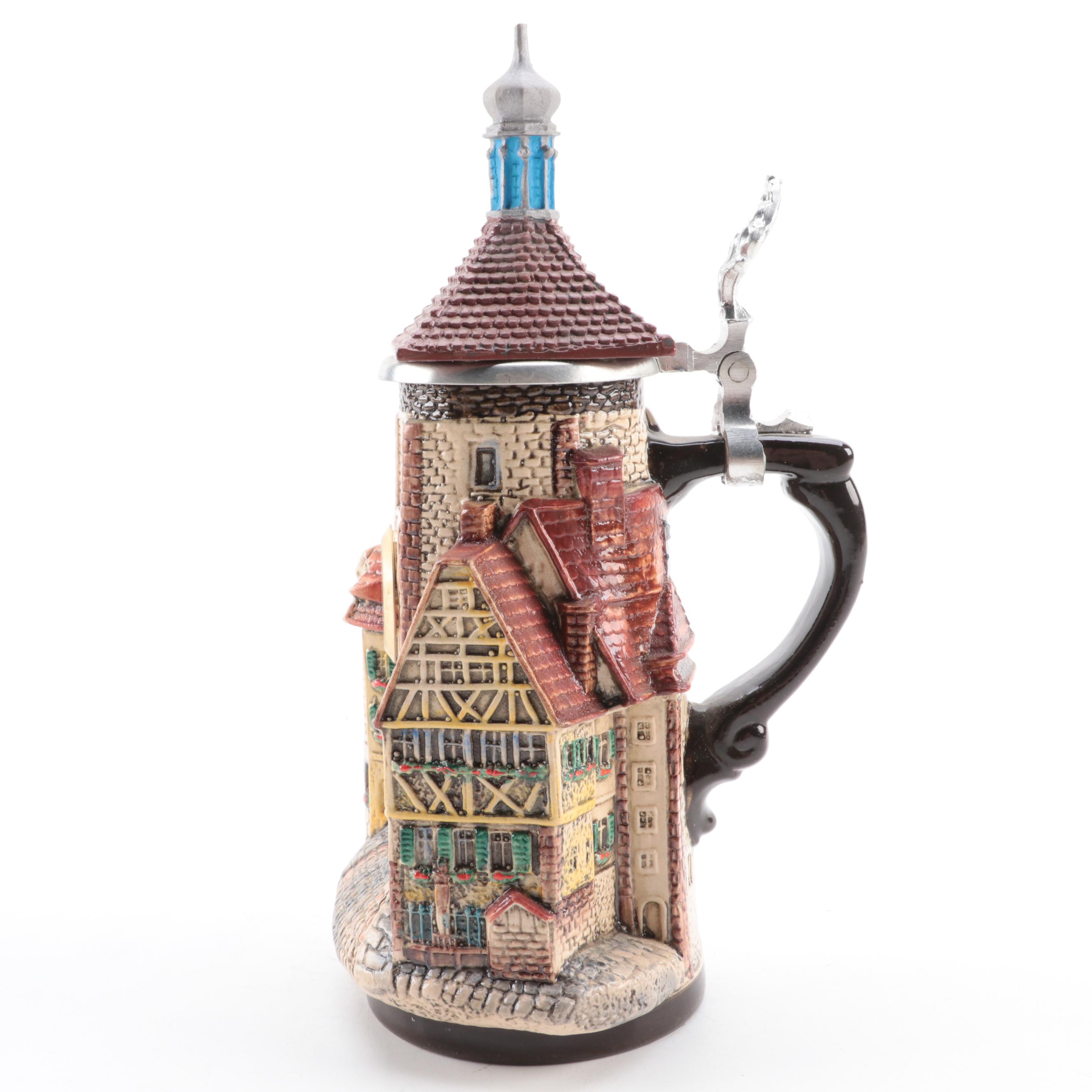 Westerwald Team Architectural Clock Stein with Other Ceramic Music Box Stein