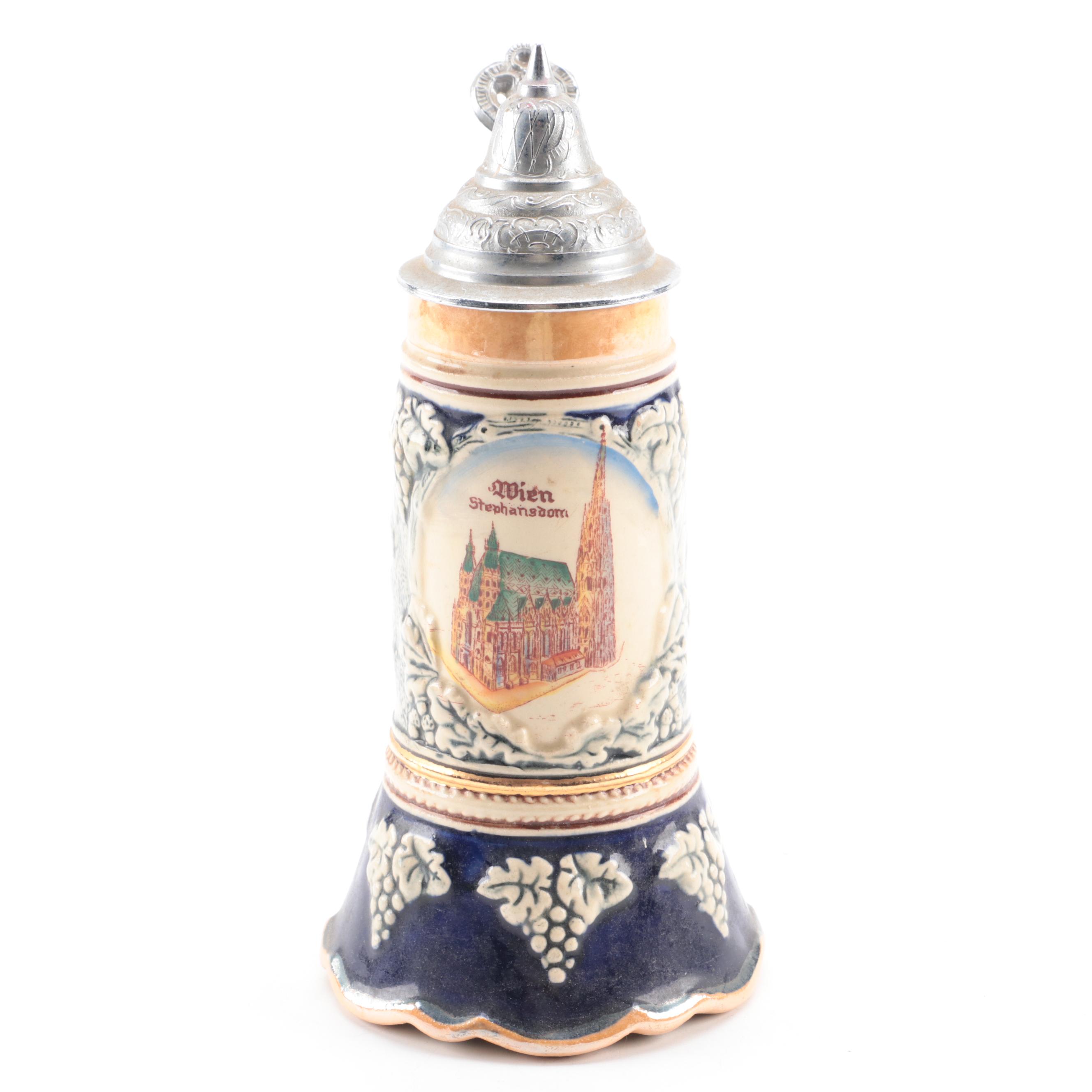 Westerwald Team Architectural Clock Stein with Other Ceramic Music Box Stein