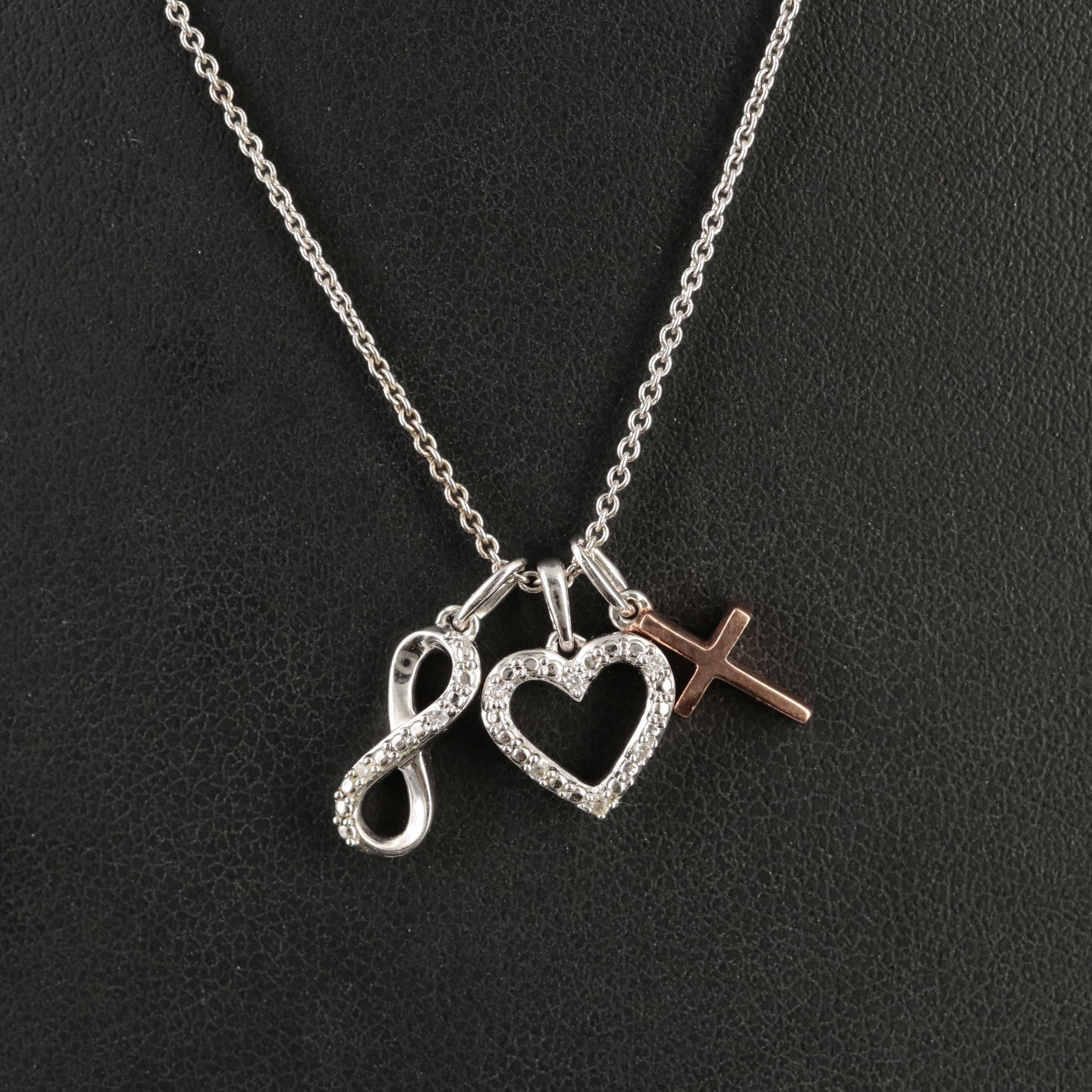 Sterling Heart, Cross and Infinity Necklace with Cubic Zirconia Accents