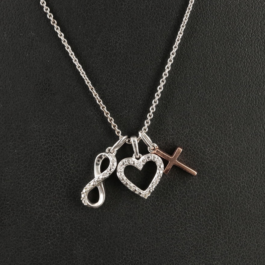 Sterling Heart, Cross and Infinity Necklace with Cubic Zirconia Accents