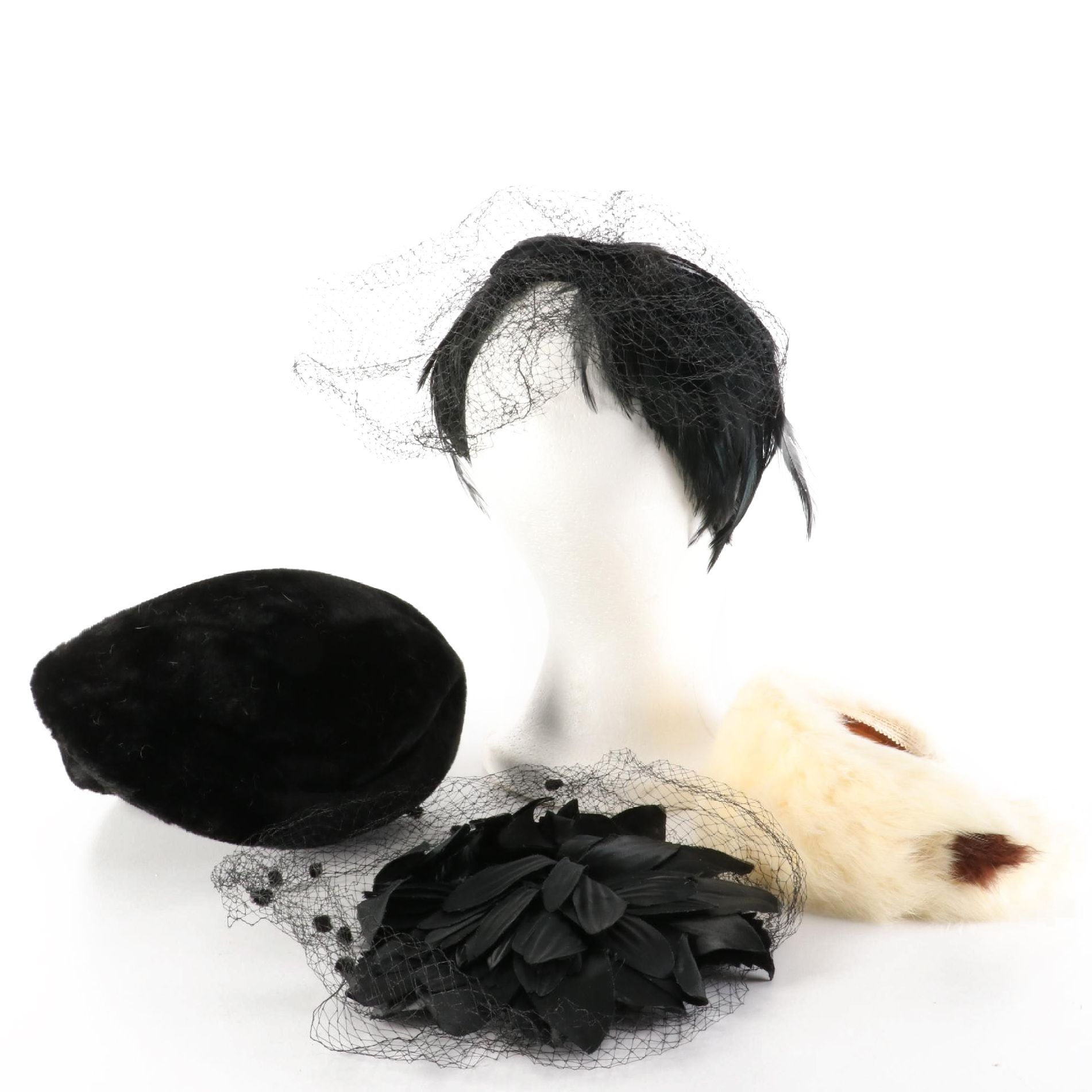 Vintage Mesh Whimsy Hat, Chicken Feather and Rabbit Fur Headbands, and Fur Calot