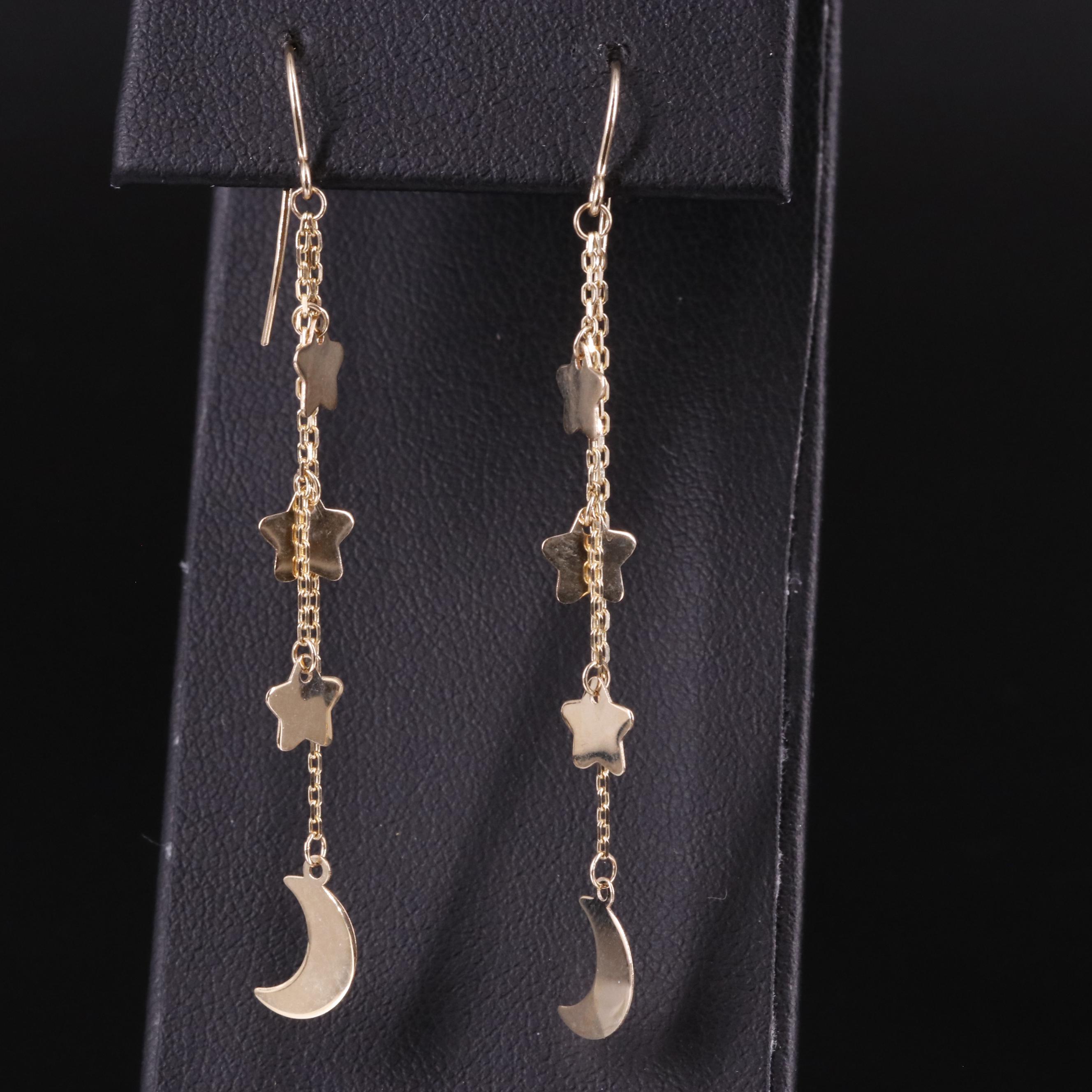 14K Stars and Crescent Moon Drop Earrings