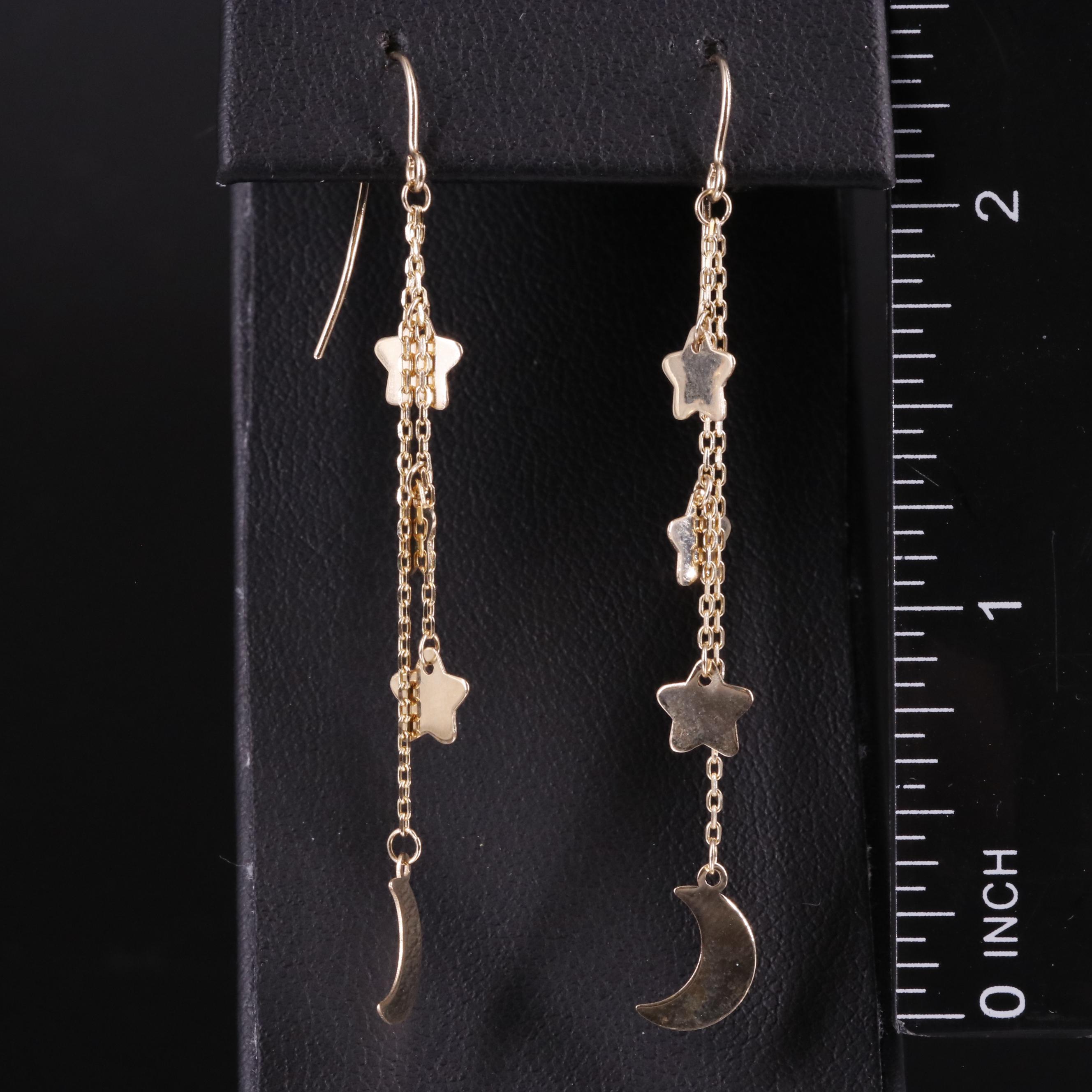 14K Stars and Crescent Moon Drop Earrings