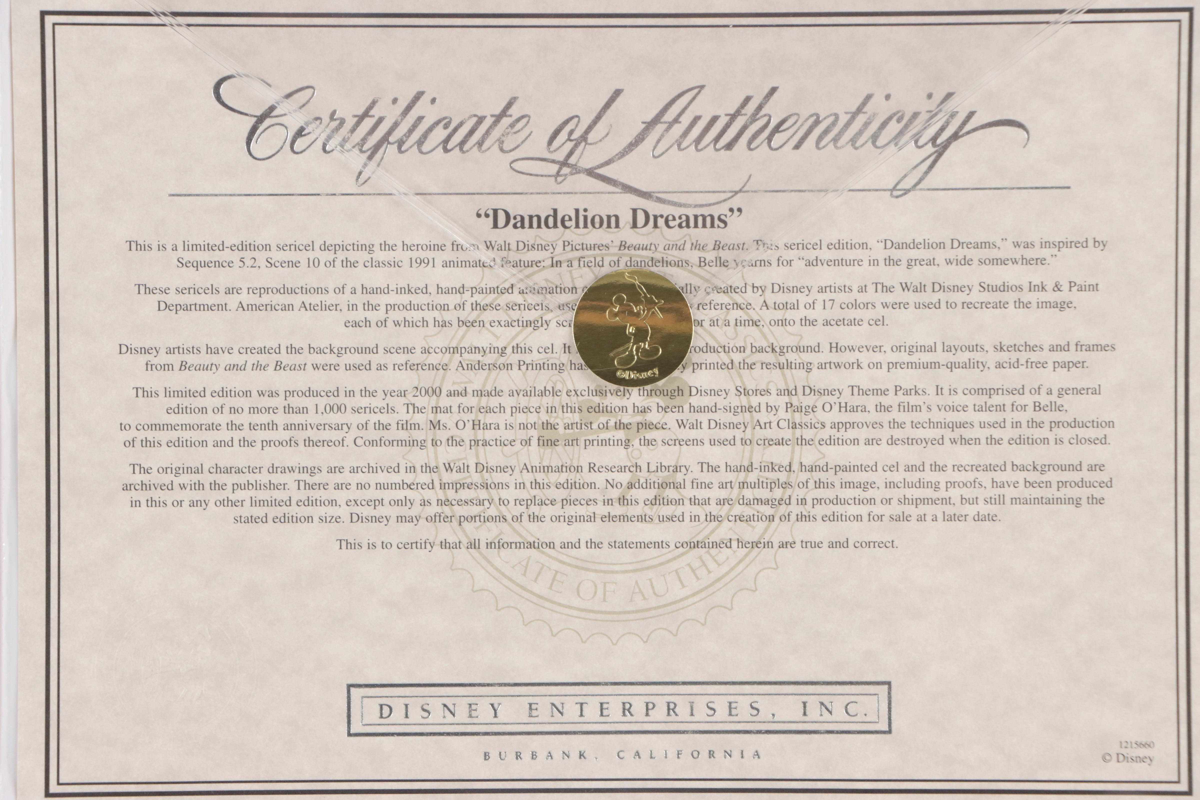 Paige O'Hara Signed LE Disney Sericel "Dandelion Dreams"