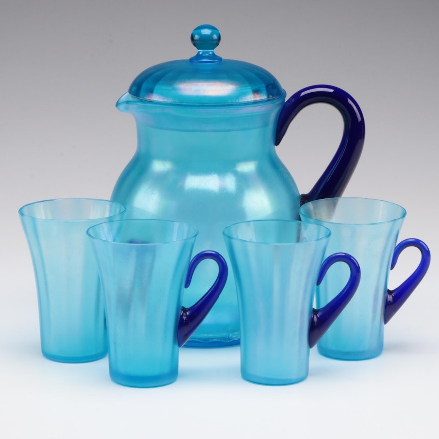 Fenton Rib Optic Blue Lemonade Set, Early to Mid 20th Century