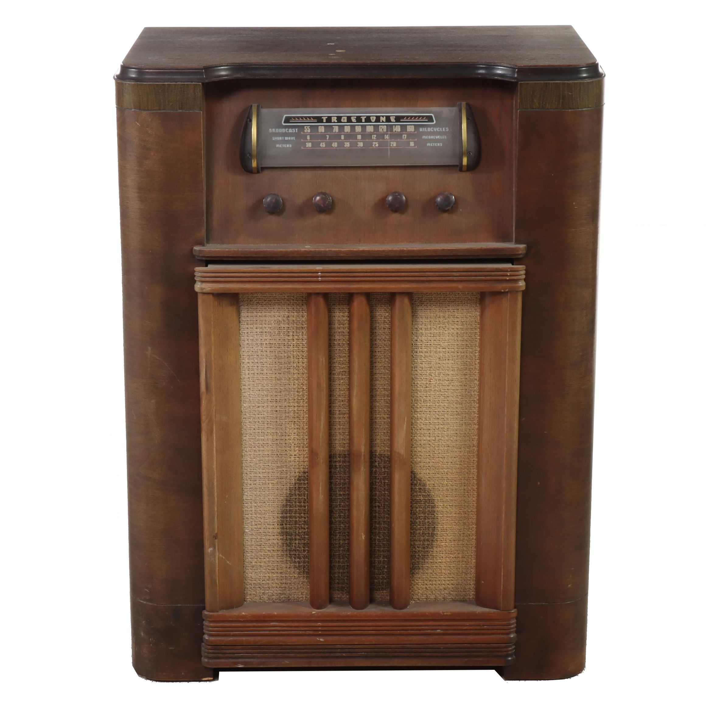 Western Auto Truetone Art Deco Waterfall Walnut-Veneered Floor Radio, 1940s