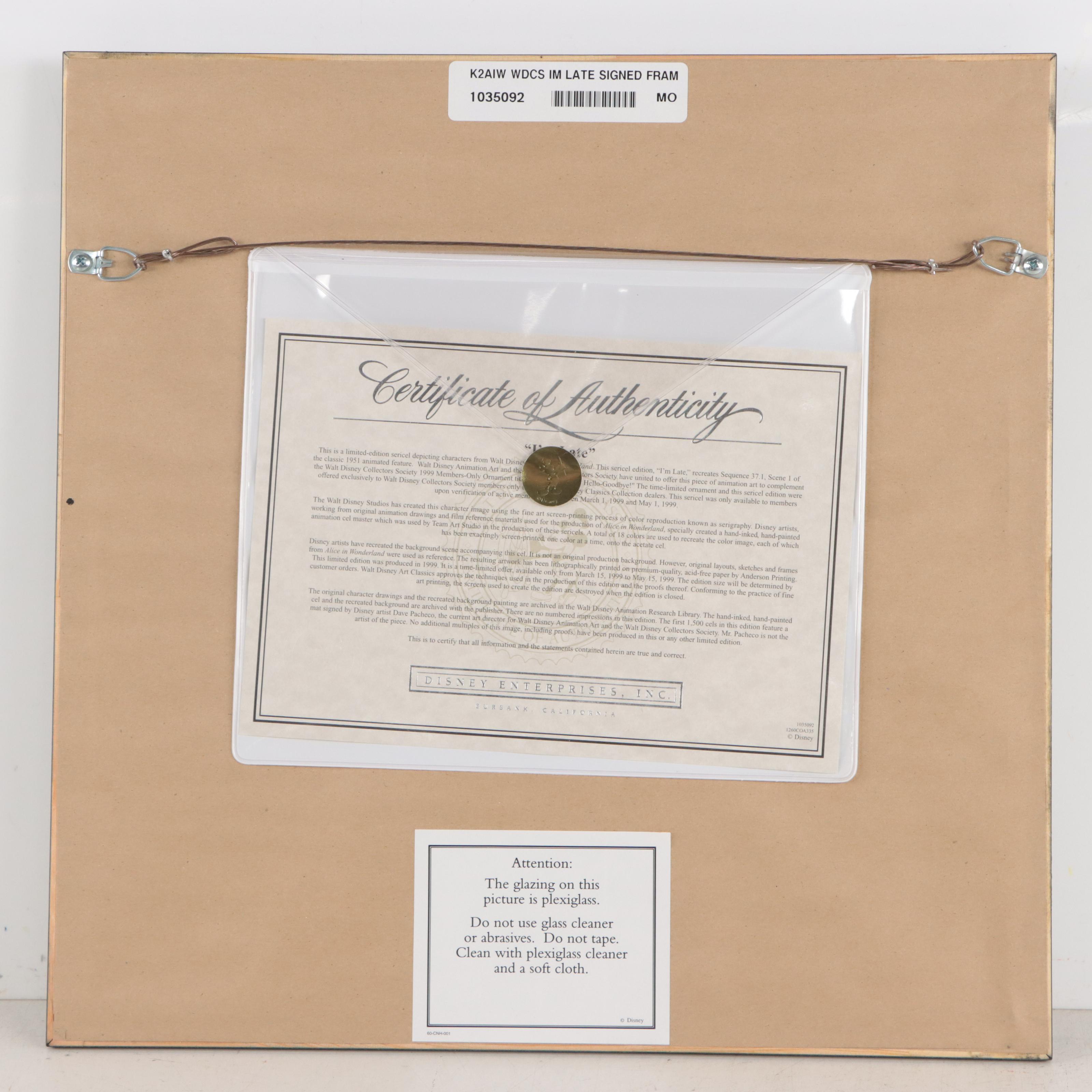 Dave Pacheco Signed Disney Sericel "I'm Late," 1999