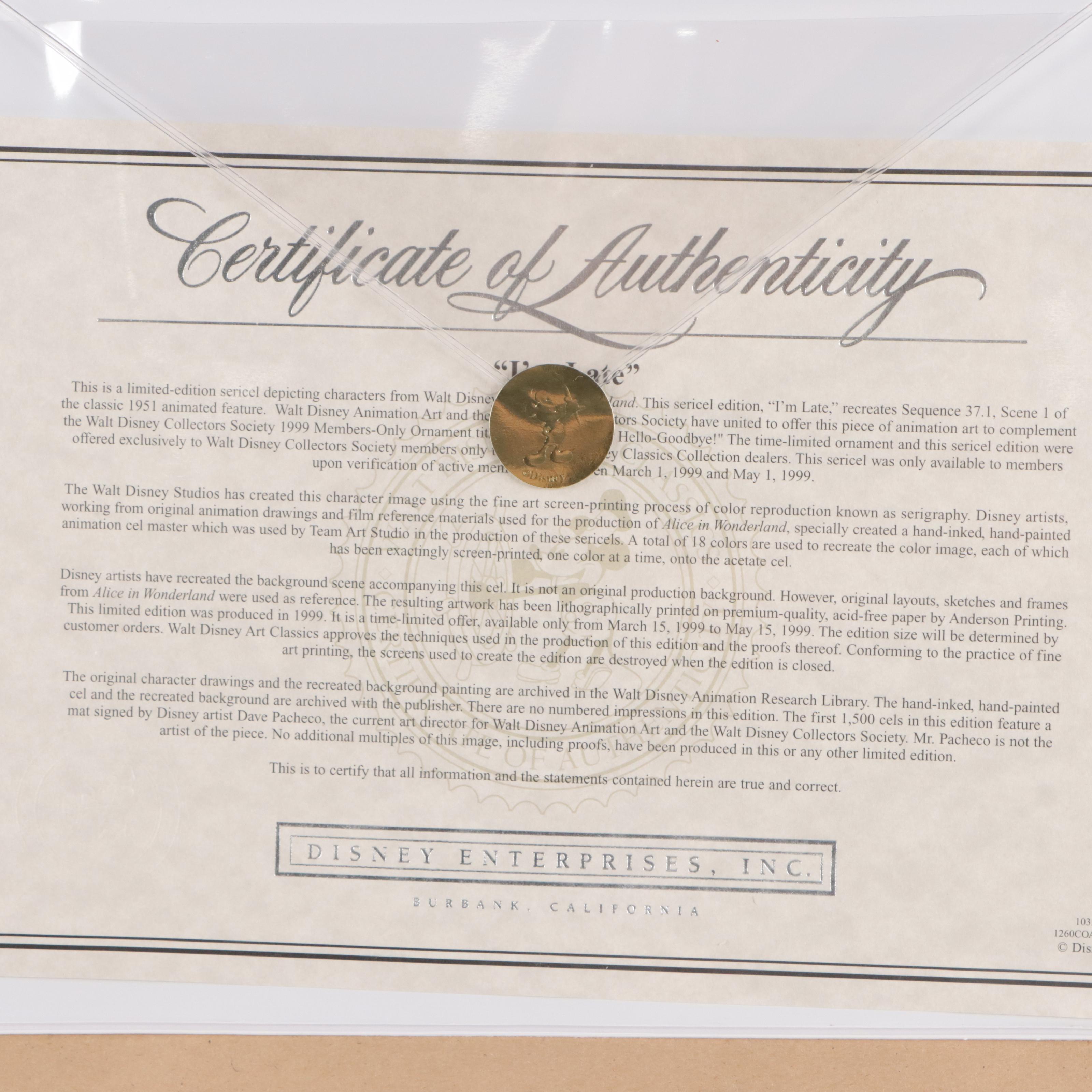 Dave Pacheco Signed Disney Sericel "I'm Late," 1999