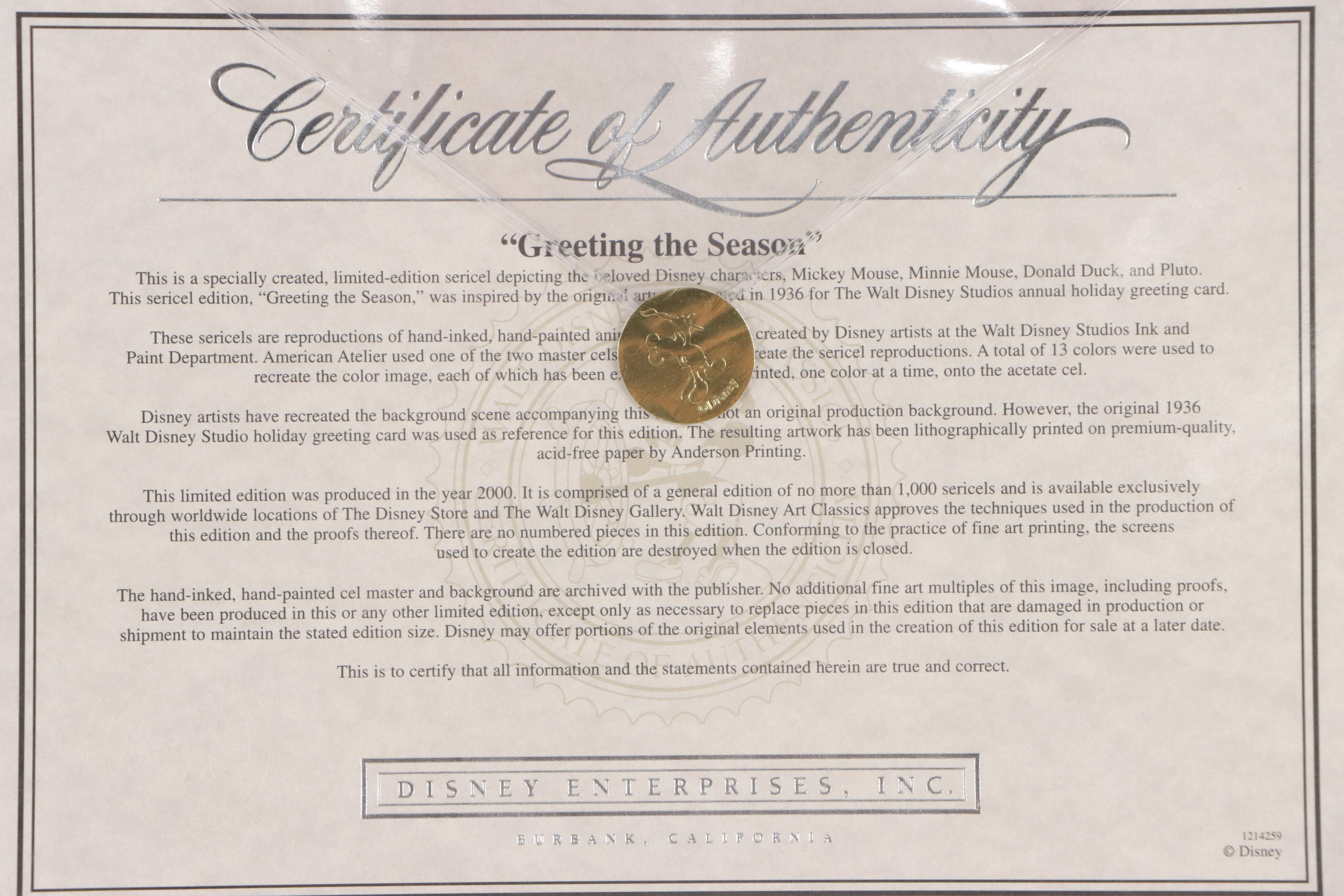 Disney Sericel "Greeting the Season," 2000