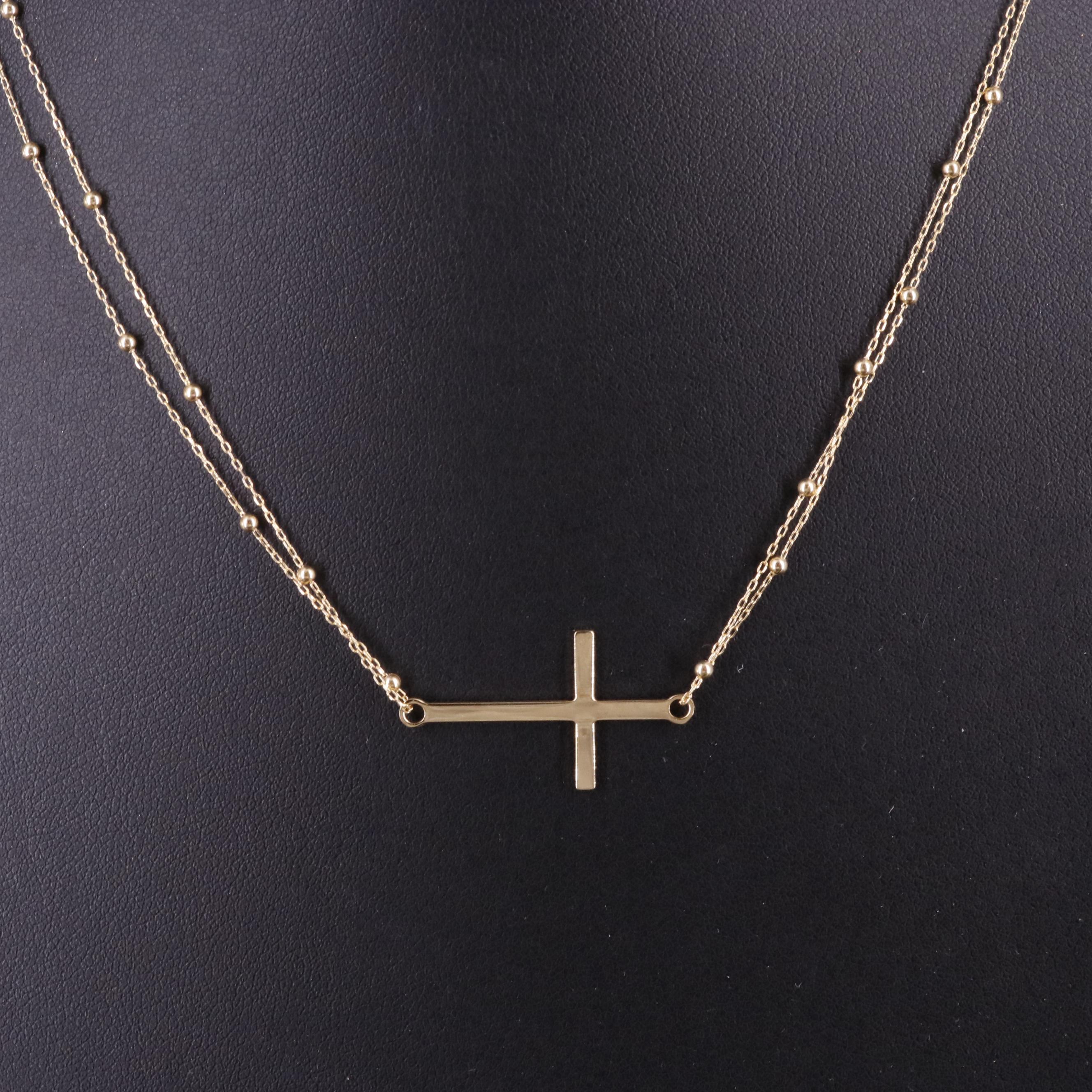 14K Bead and Cable Chain Cross Necklace