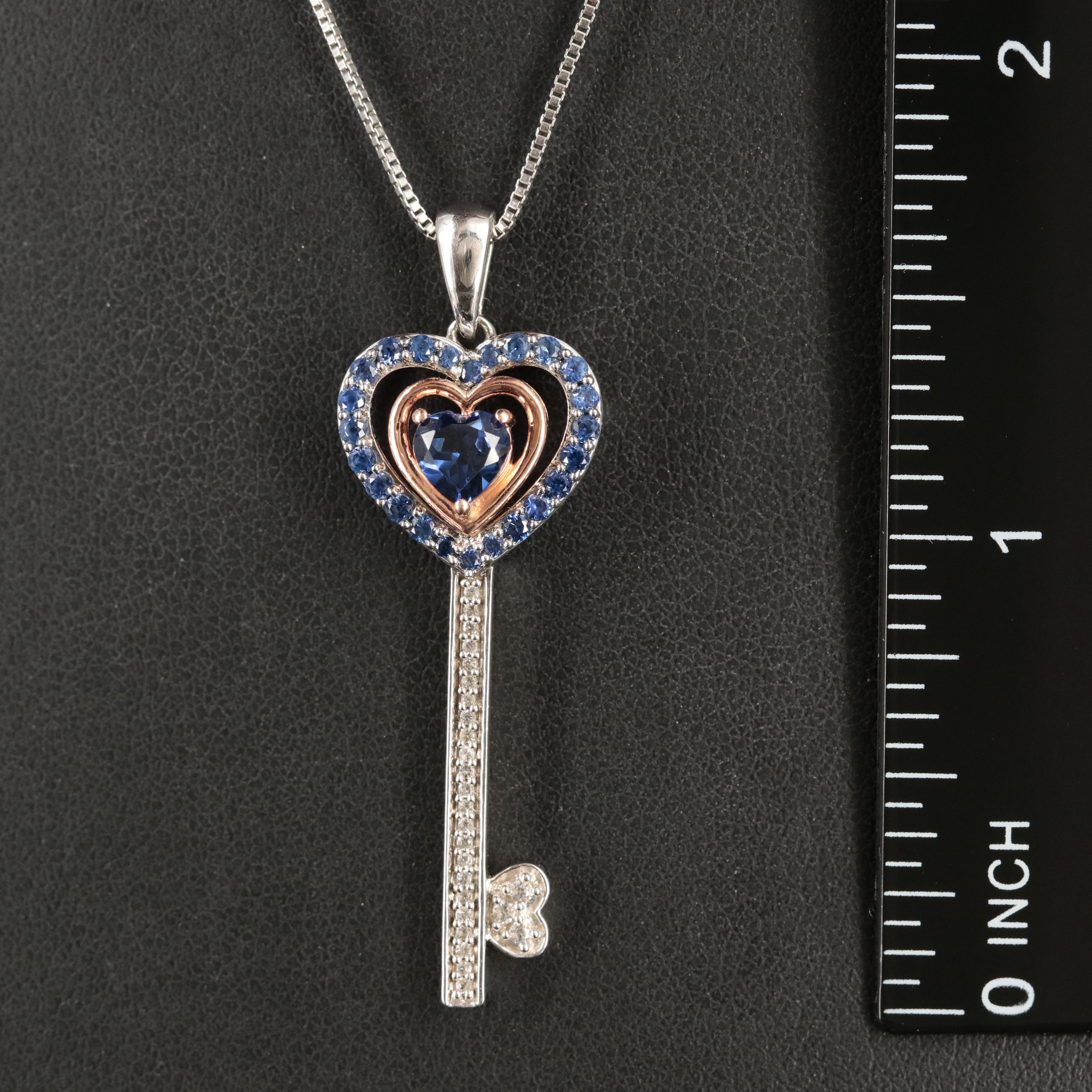 Sterling Sapphire Heart Key Necklace with 10K Rose Gold Accent