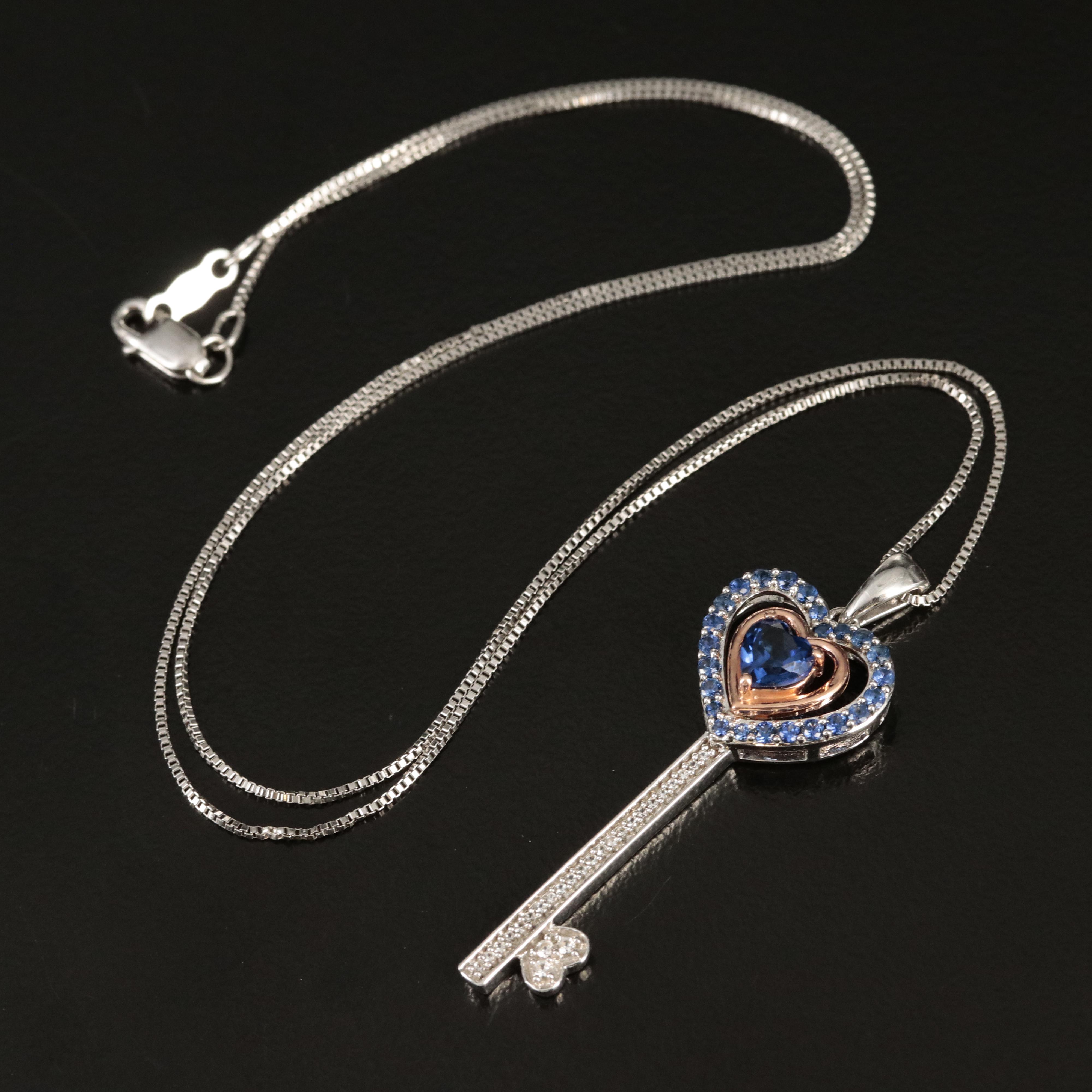 Sterling Sapphire Heart Key Necklace with 10K Rose Gold Accent