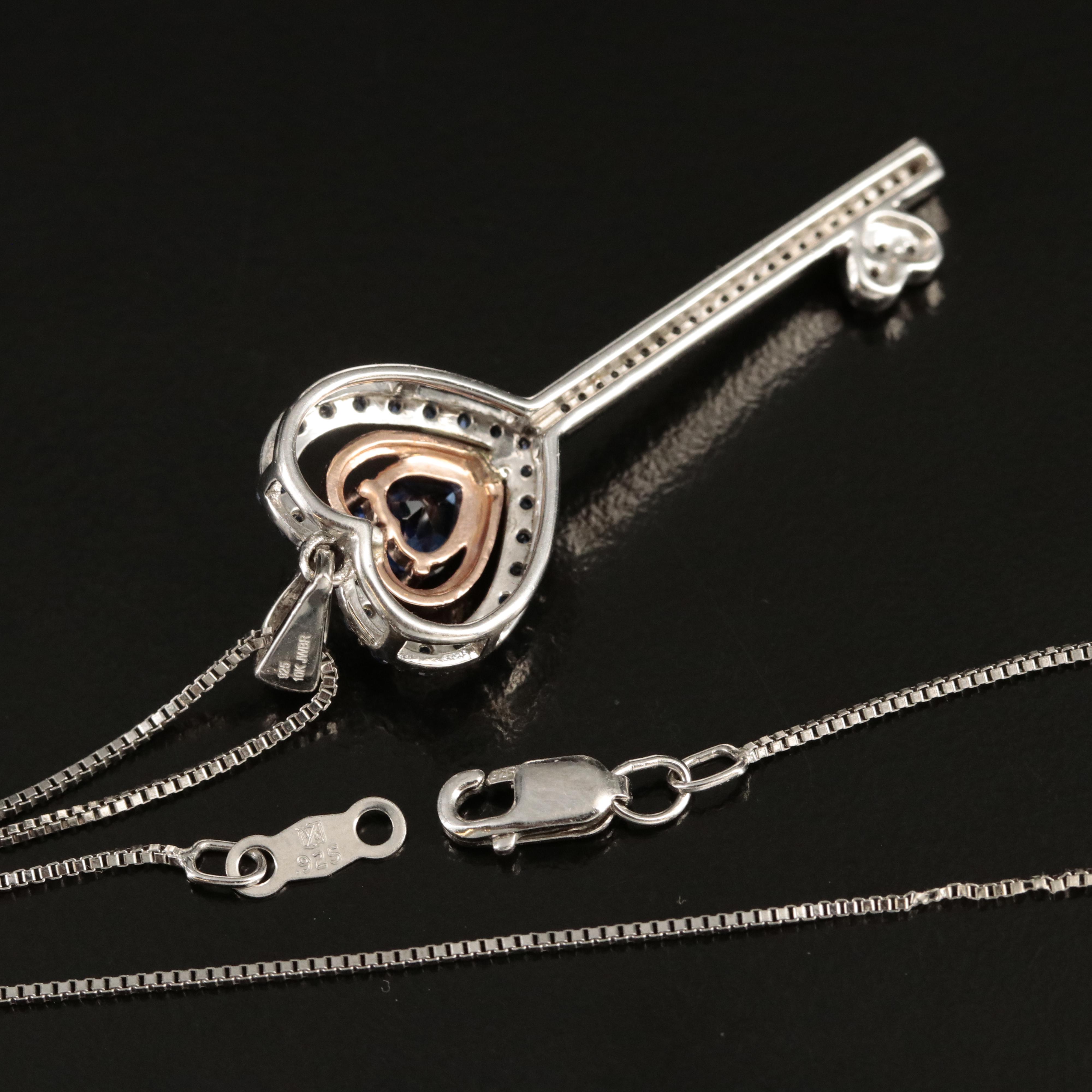 Sterling Sapphire Heart Key Necklace with 10K Rose Gold Accent
