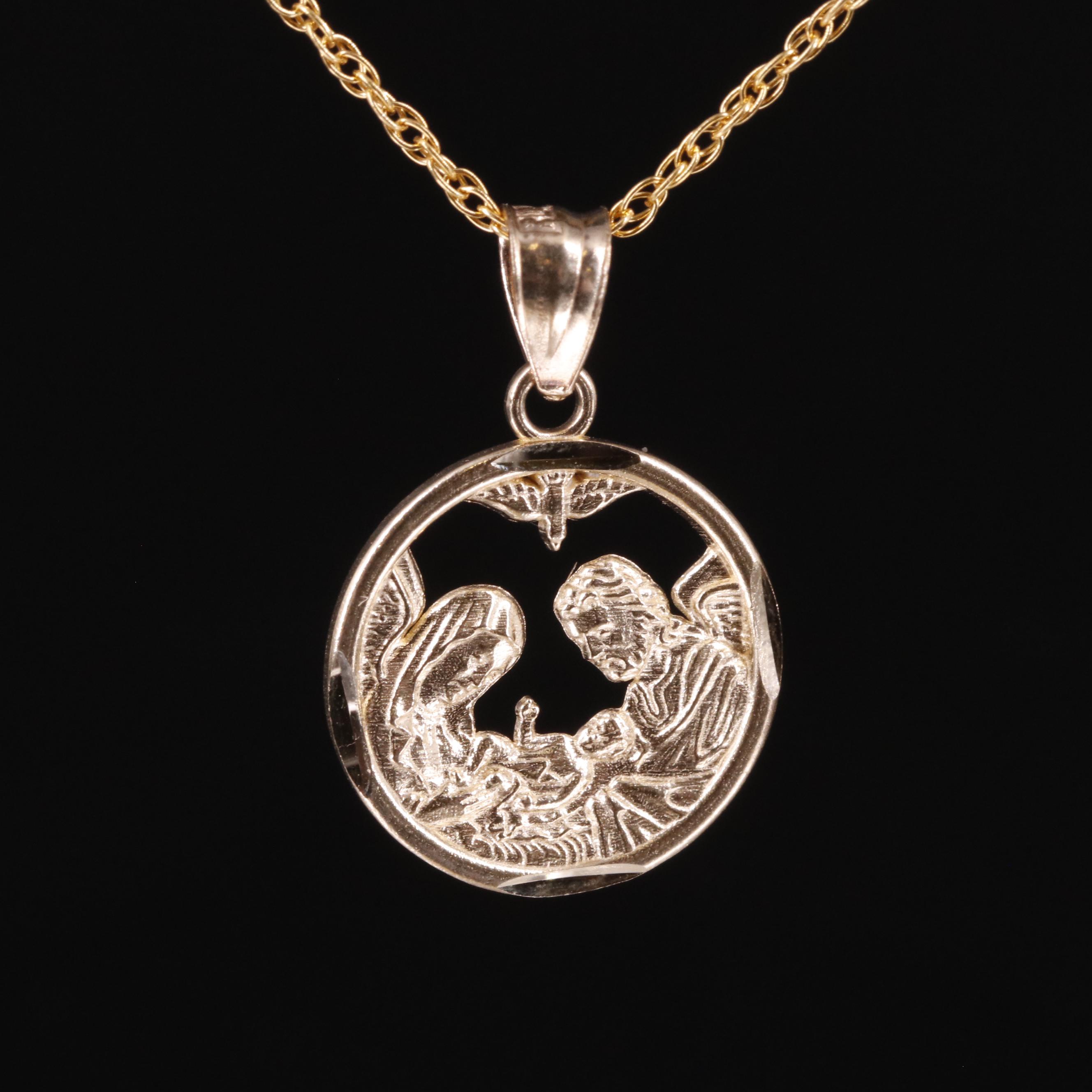 14K Singapore Chain Mary, Joseph, and Baby Jesus Pendant Necklace