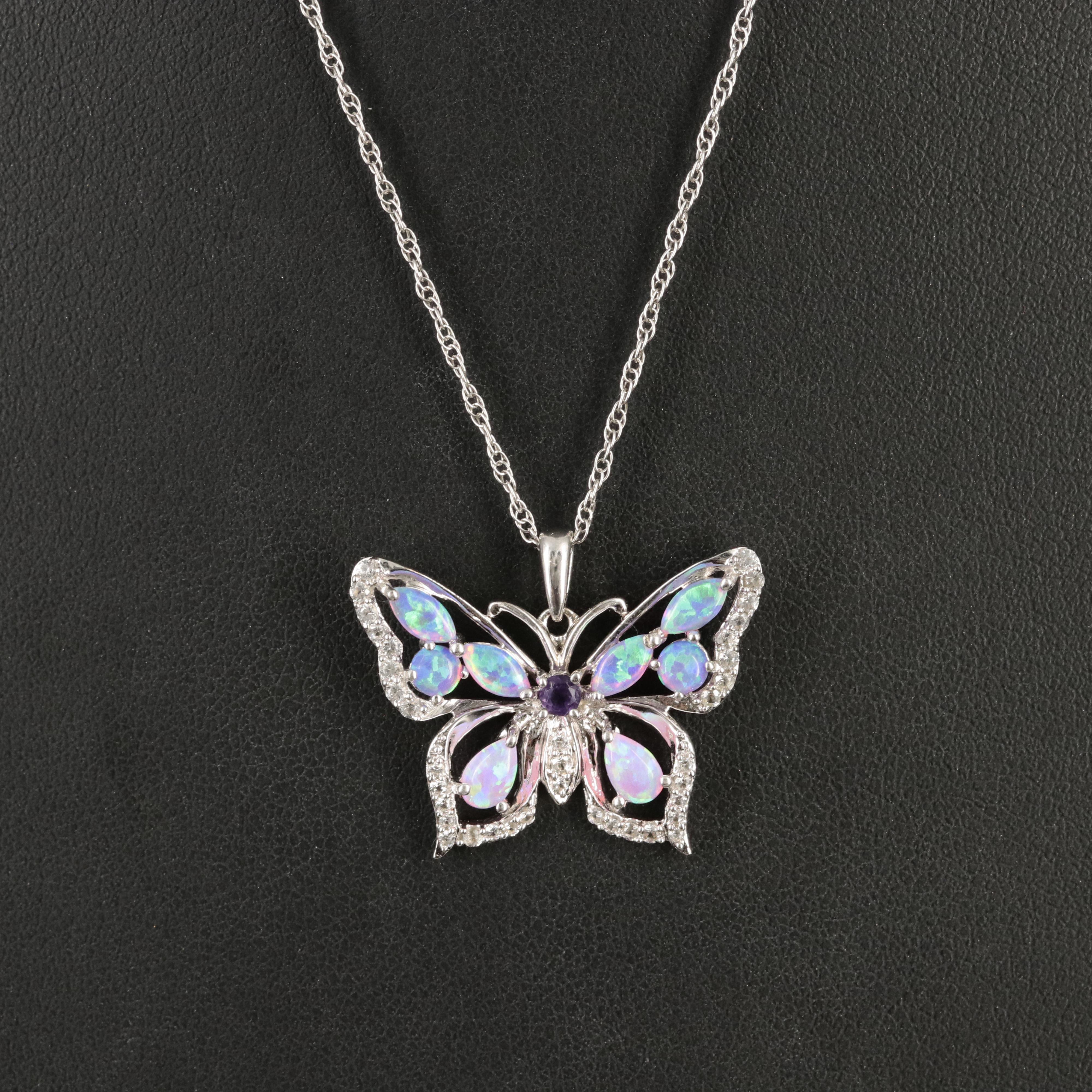 Sterling Opal, Amethyst and White Sapphire Butterfly Necklace