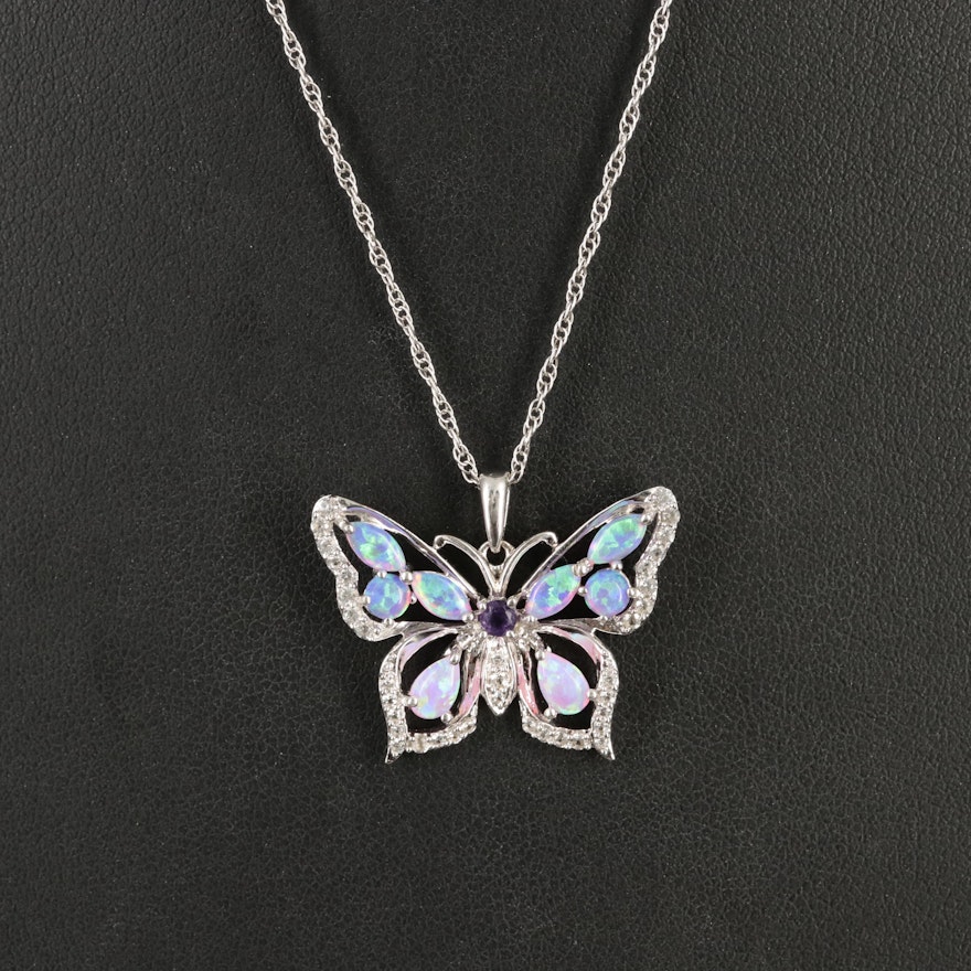 Sterling Opal, Amethyst and White Sapphire Butterfly Necklace