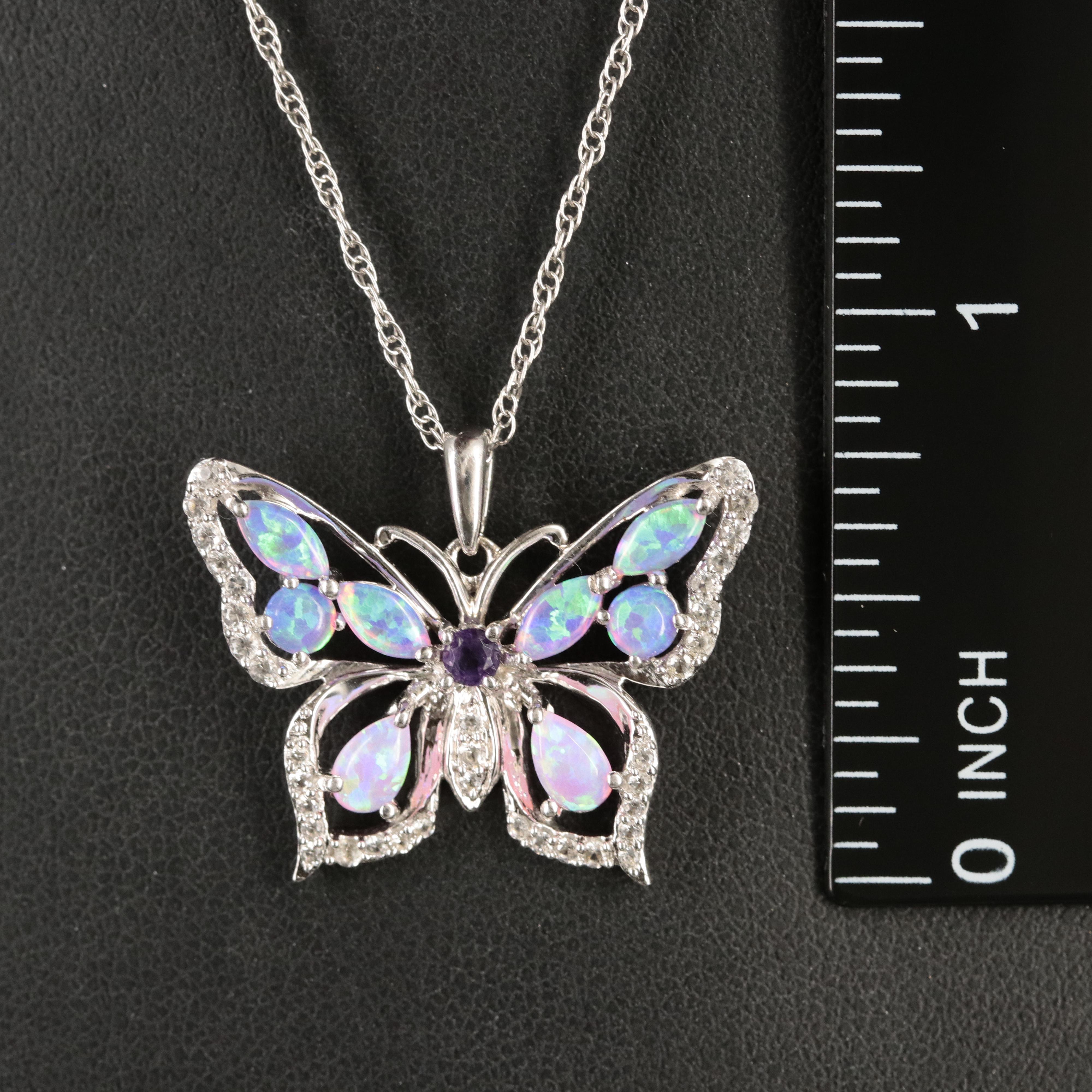 Sterling Opal, Amethyst and White Sapphire Butterfly Necklace