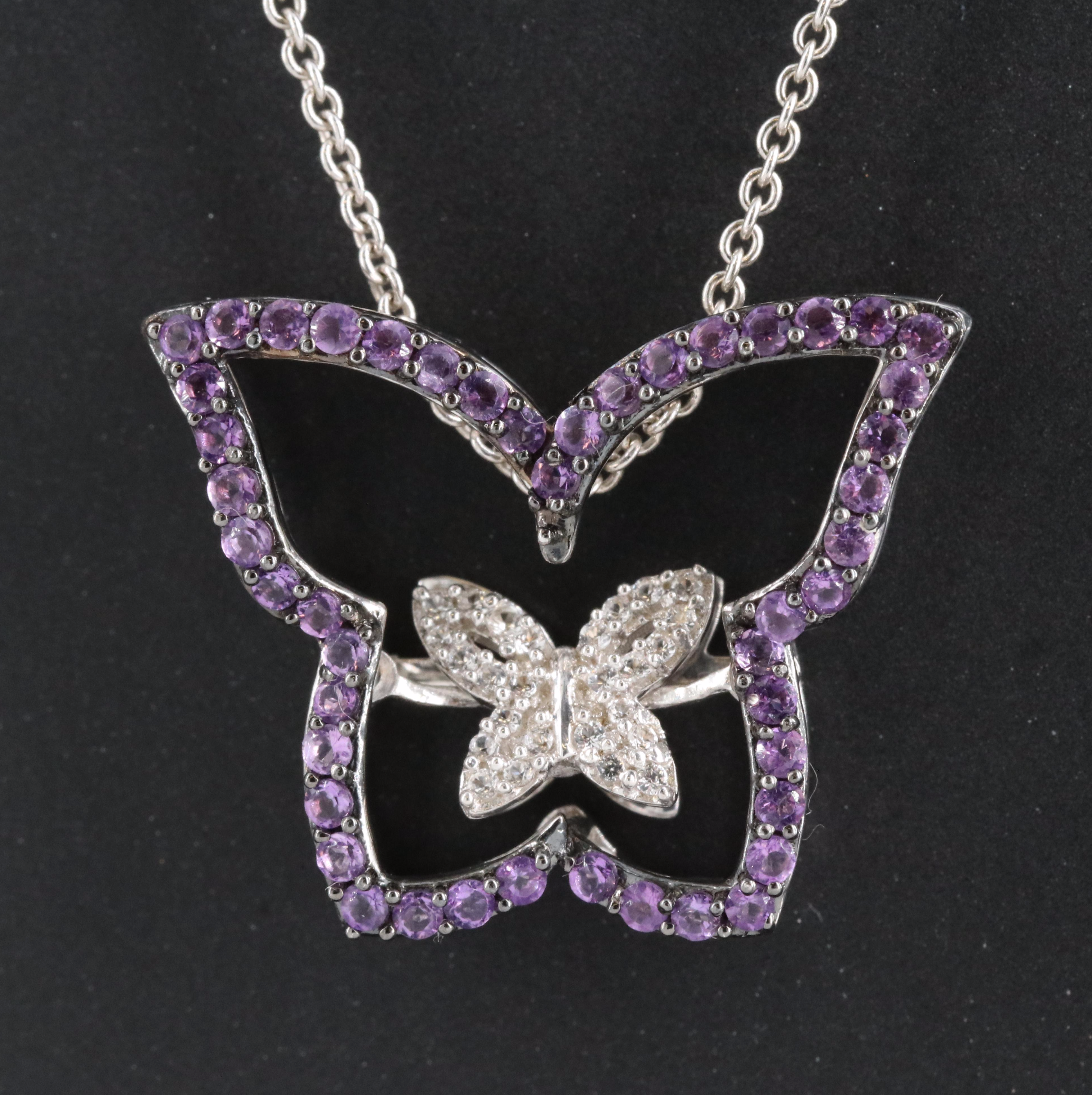 Sterling Amethyst and Cubic Zirconia Butterfly Tremble Pendant Necklace