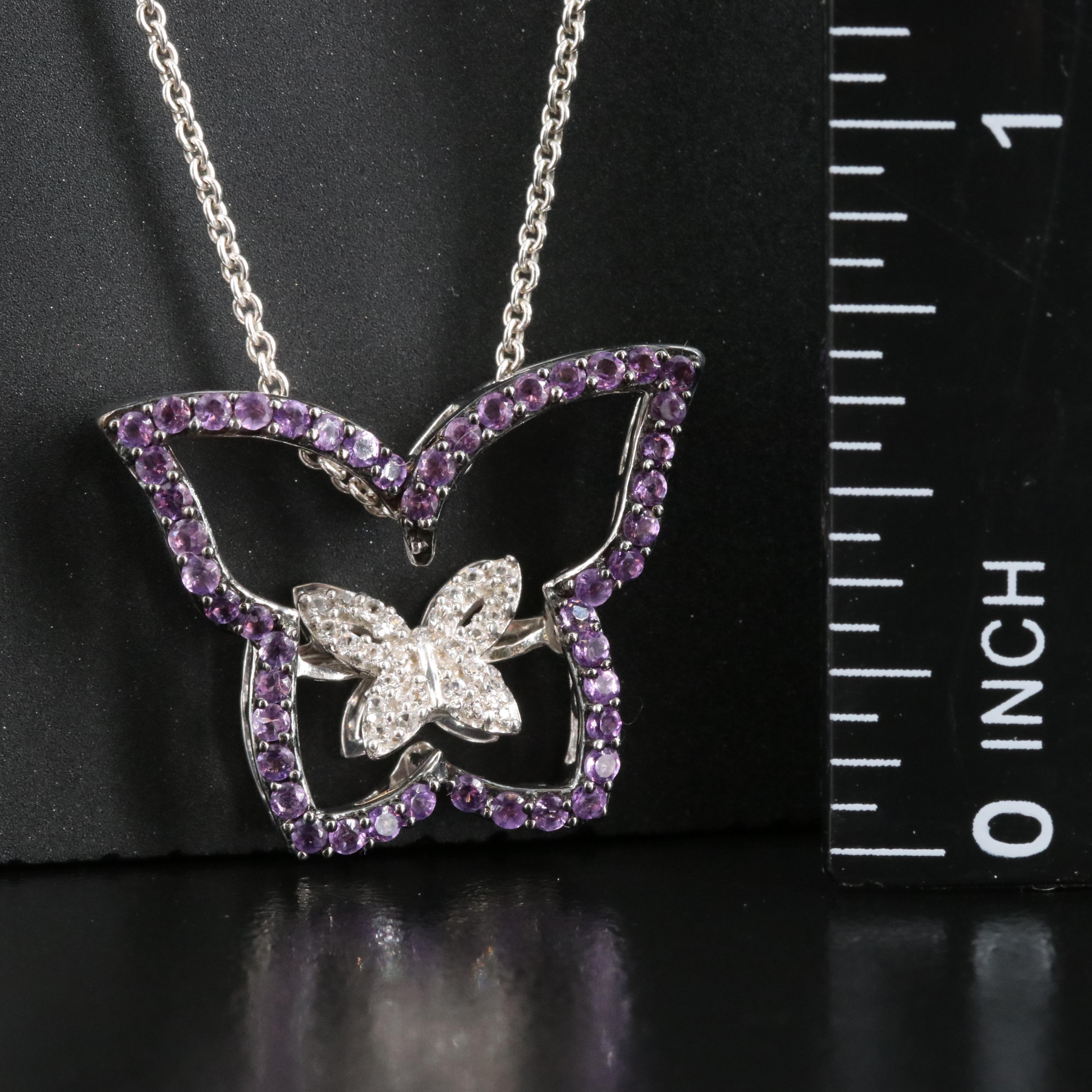 Sterling Amethyst and Cubic Zirconia Butterfly Tremble Pendant Necklace