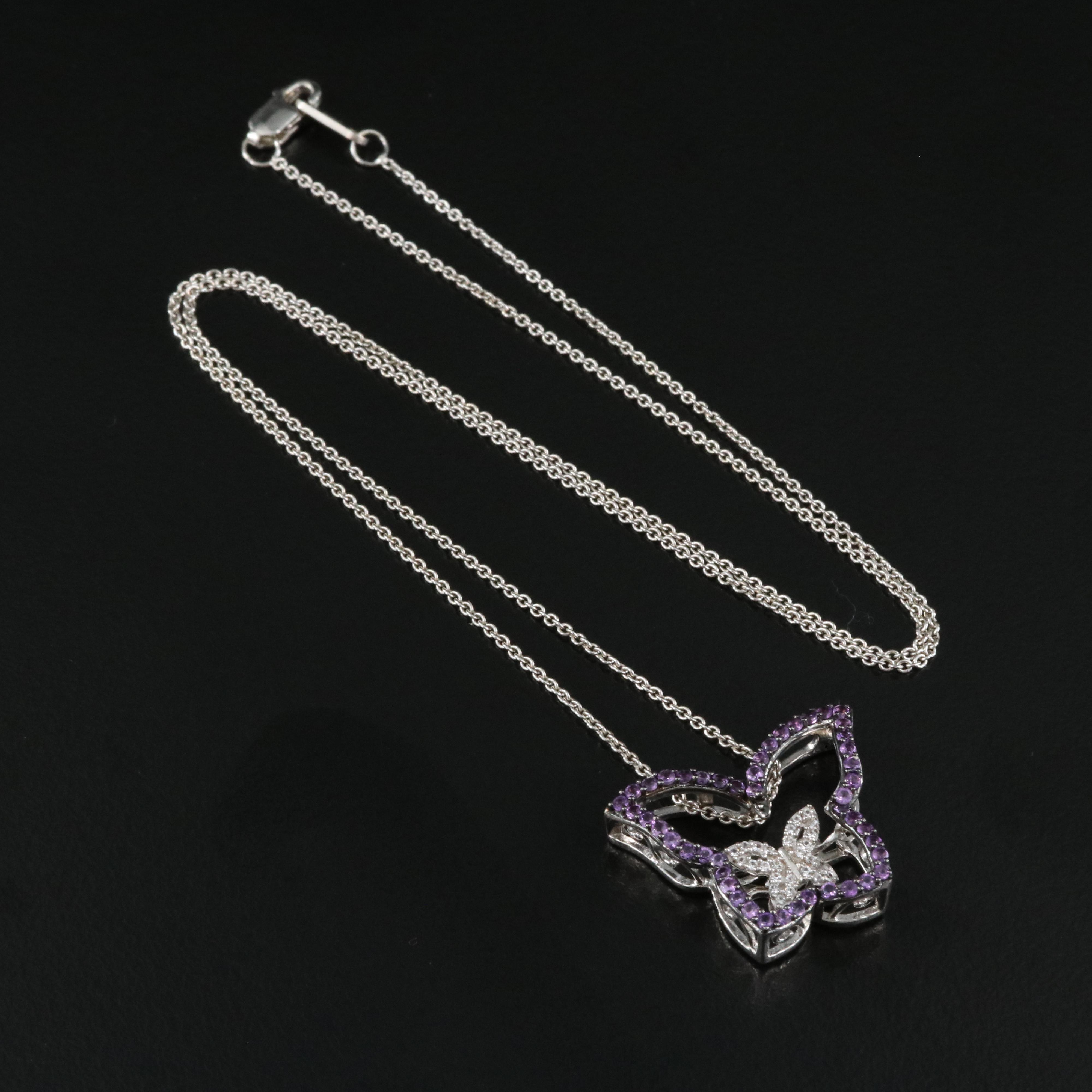 Sterling Amethyst and Cubic Zirconia Butterfly Tremble Pendant Necklace