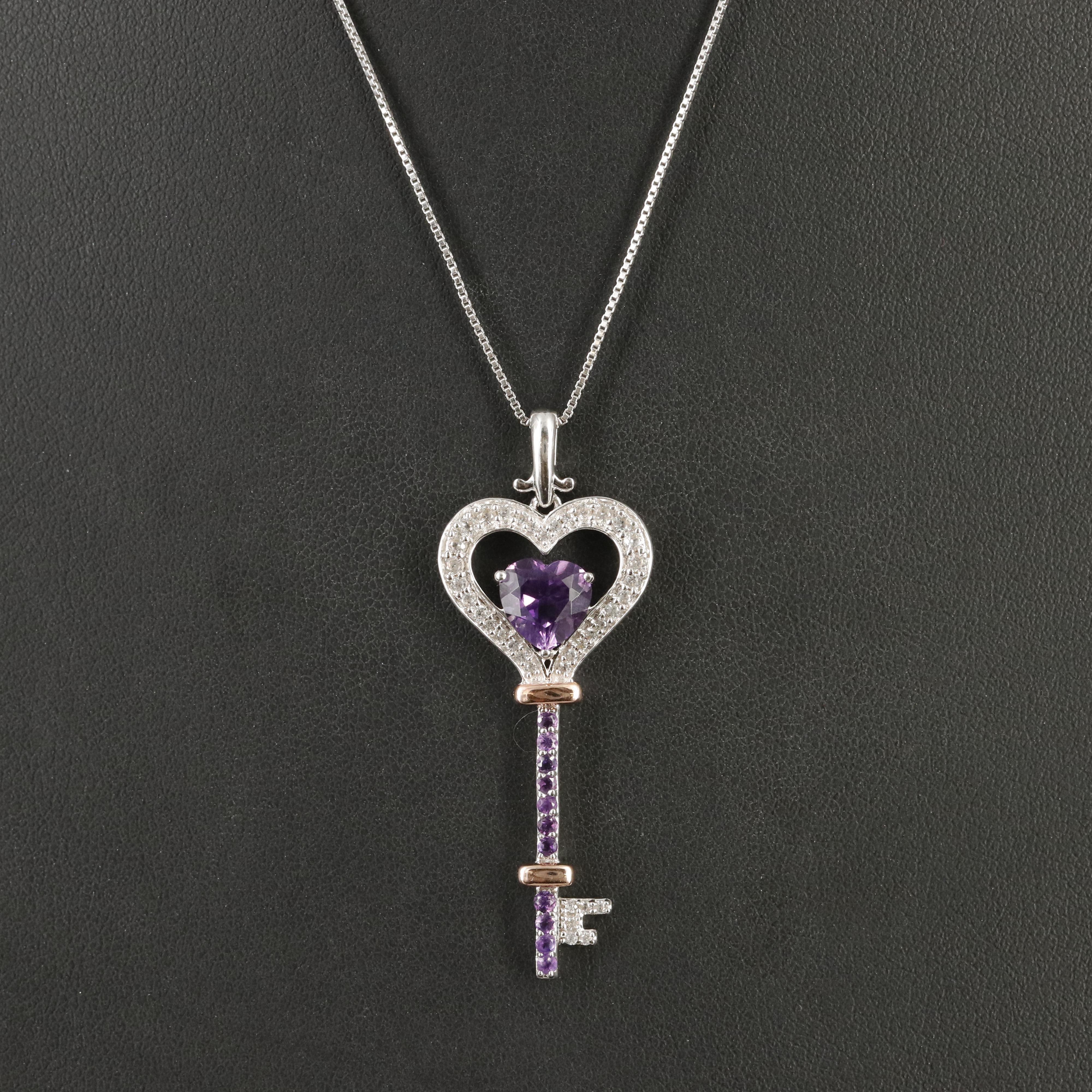 Sterling Amethyst and White Sapphire Heart Key Necklace