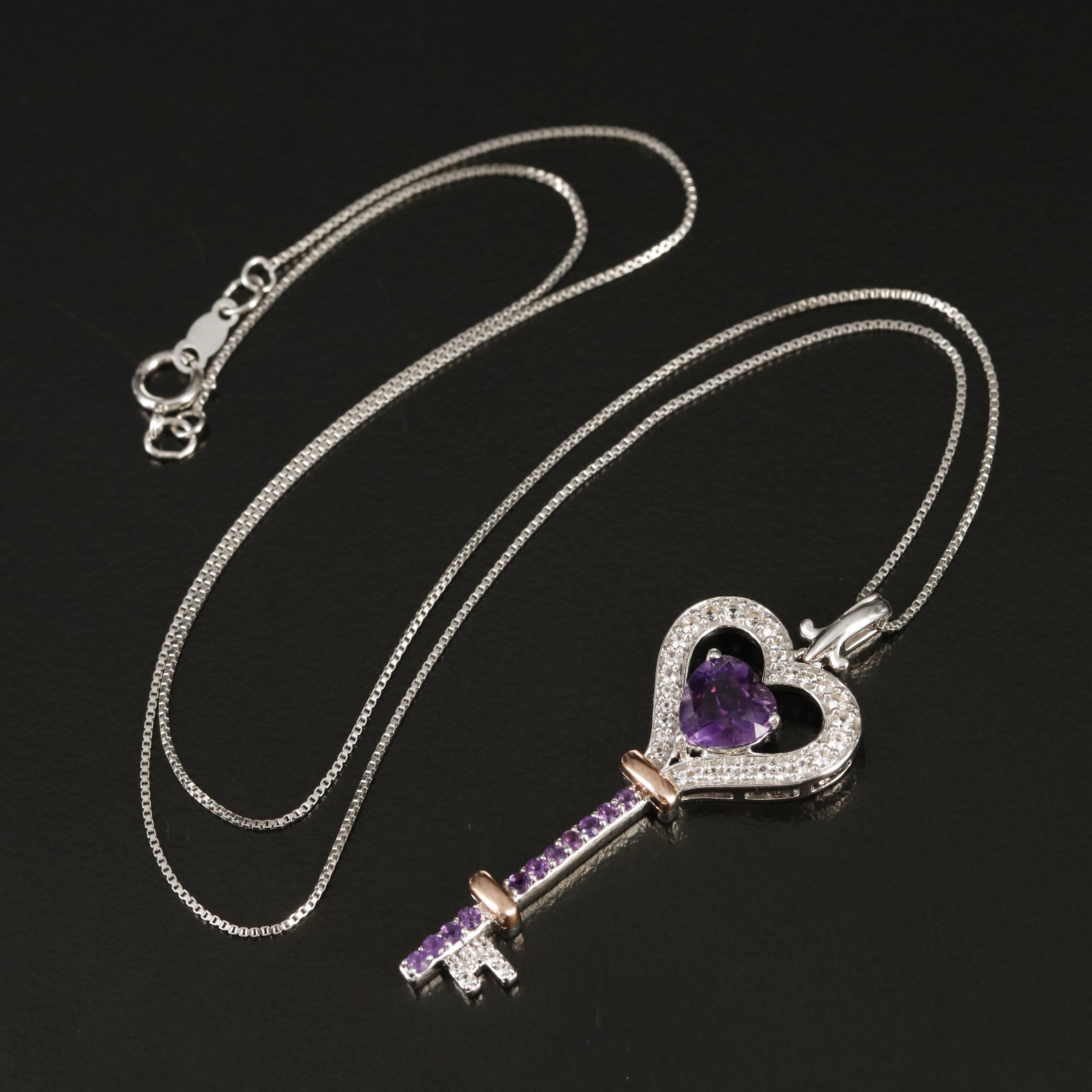Sterling Amethyst and White Sapphire Heart Key Necklace