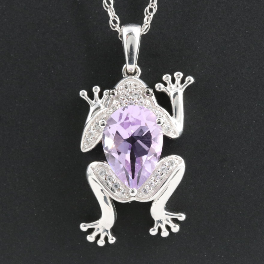 Sterling Amethyst and Cubic Zirconia Frog Pendant Necklace