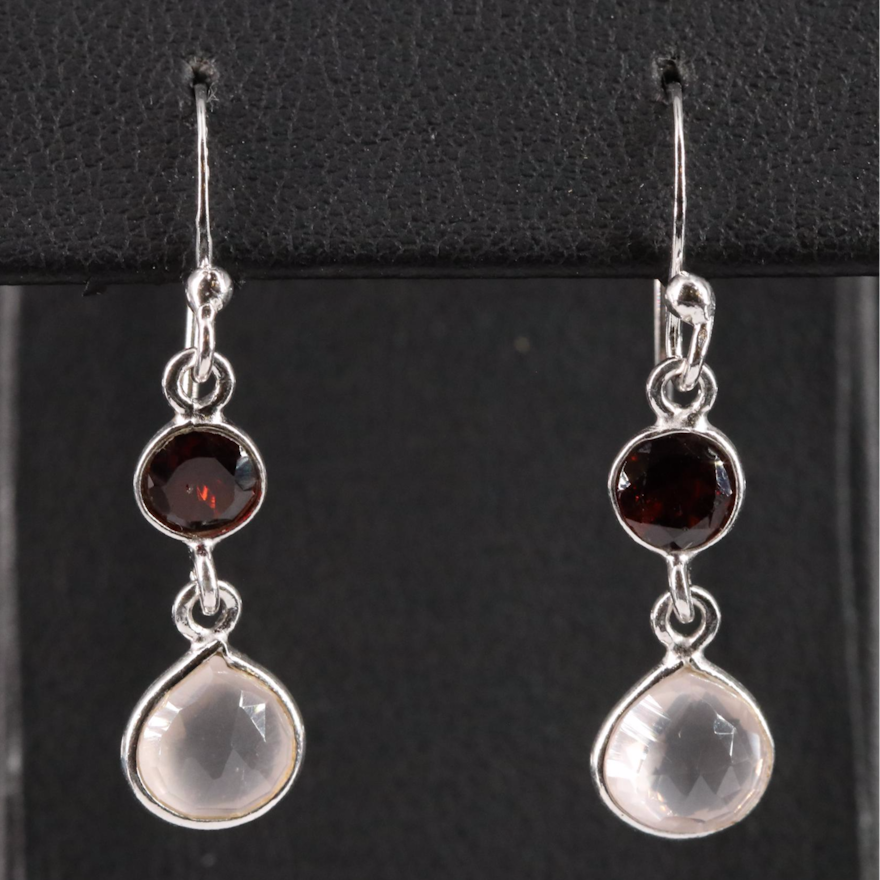 Sterling Garnet and Rose Quartz Dangle Earrings