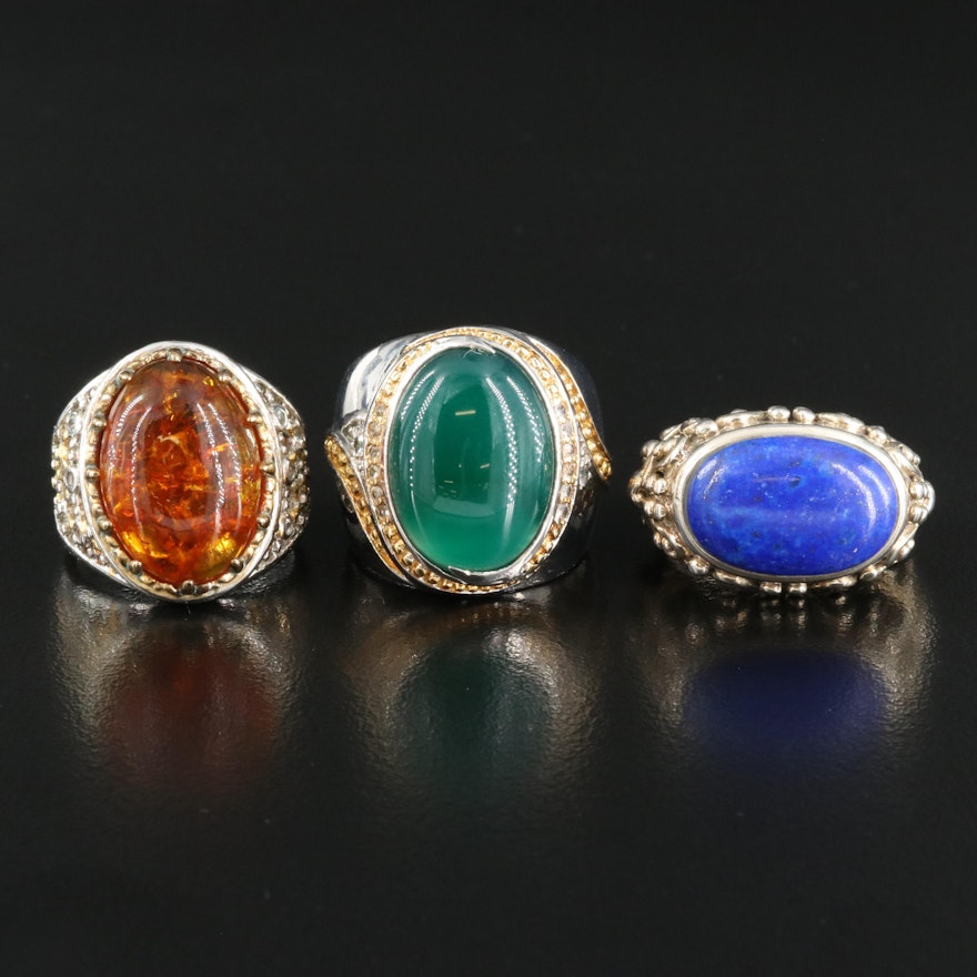 Sterling Rings Including Chalcedony, Amber and Lapis Lazuli