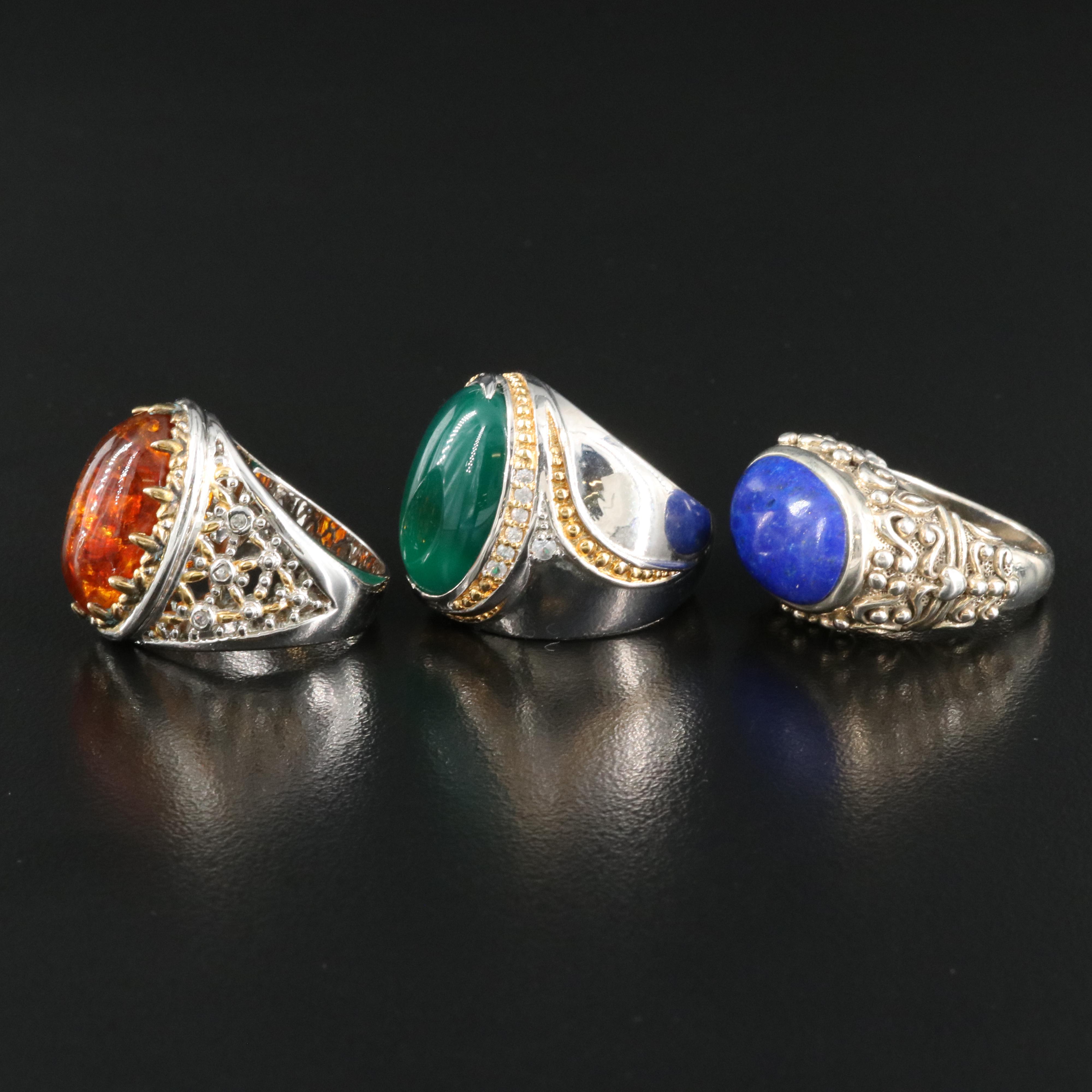 Sterling Rings Including Chalcedony, Amber and Lapis Lazuli