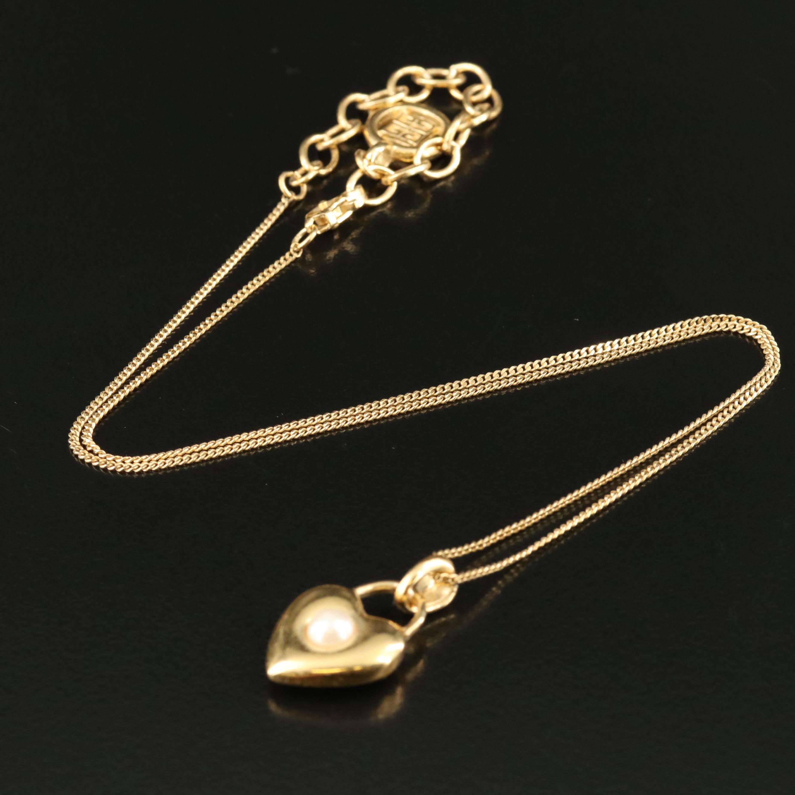 Givenchy Faux Pearl and Rhinestone Reversible Heart Pendant Necklace