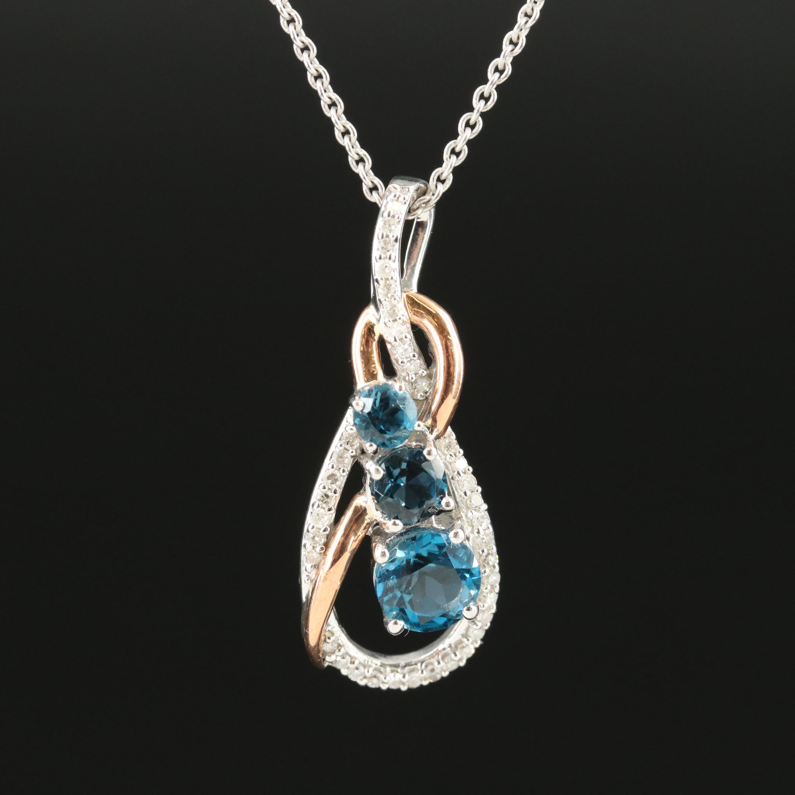 Sterling Topaz and Diamond Pendant Necklace 10K Rose Gold Accent
