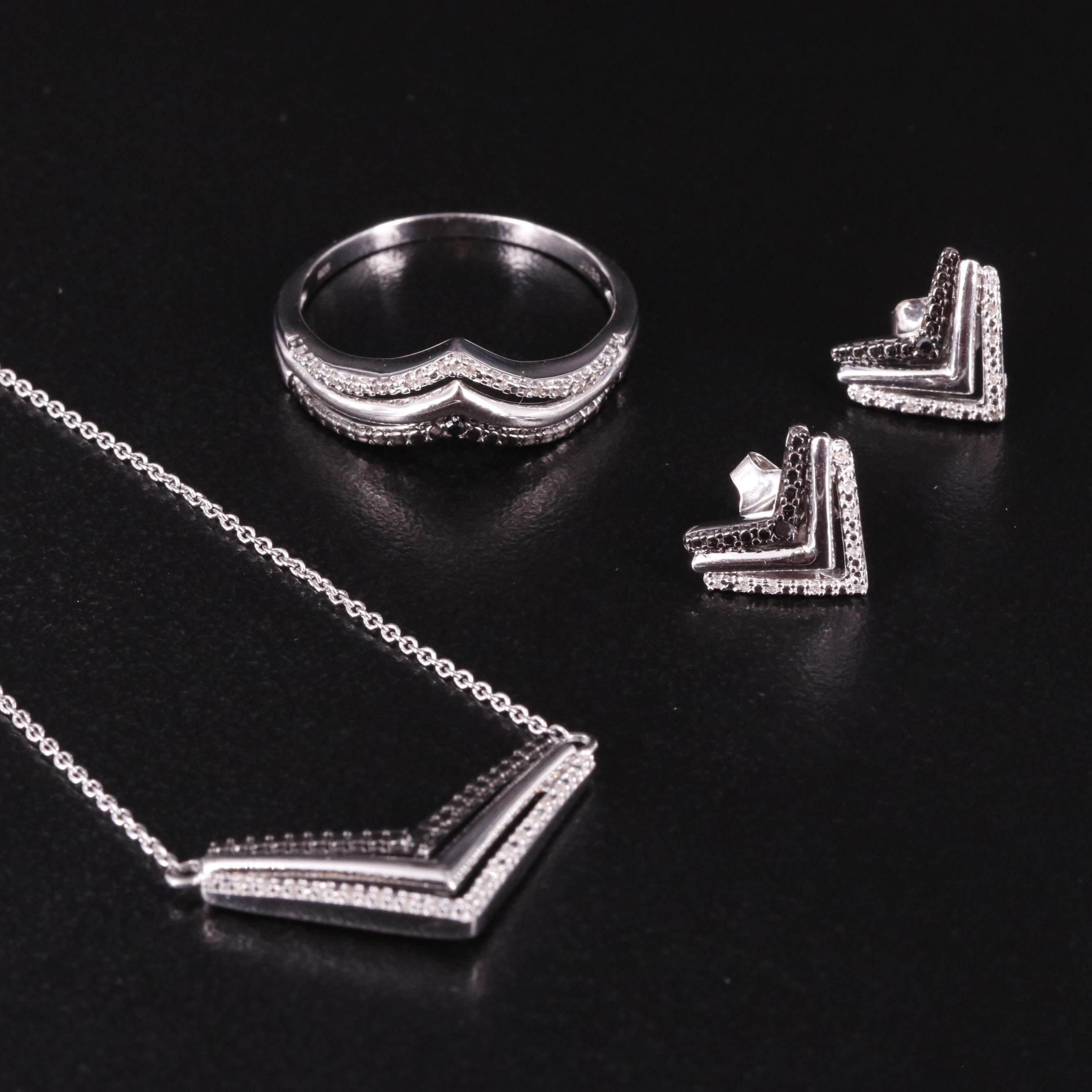 Sterling Diamond Ring, Earrings and Pendant Necklace Set