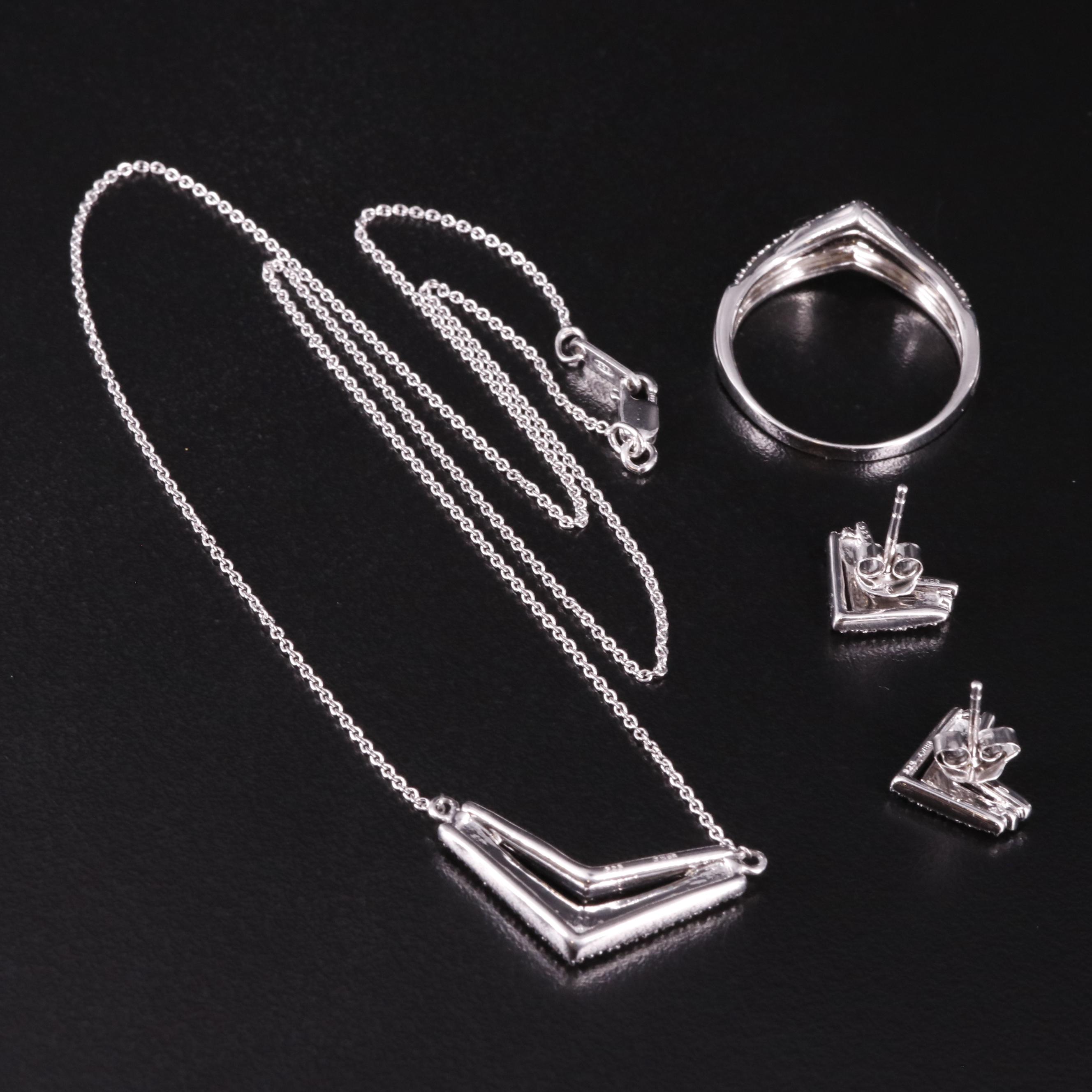 Sterling Diamond Ring, Earrings and Pendant Necklace Set