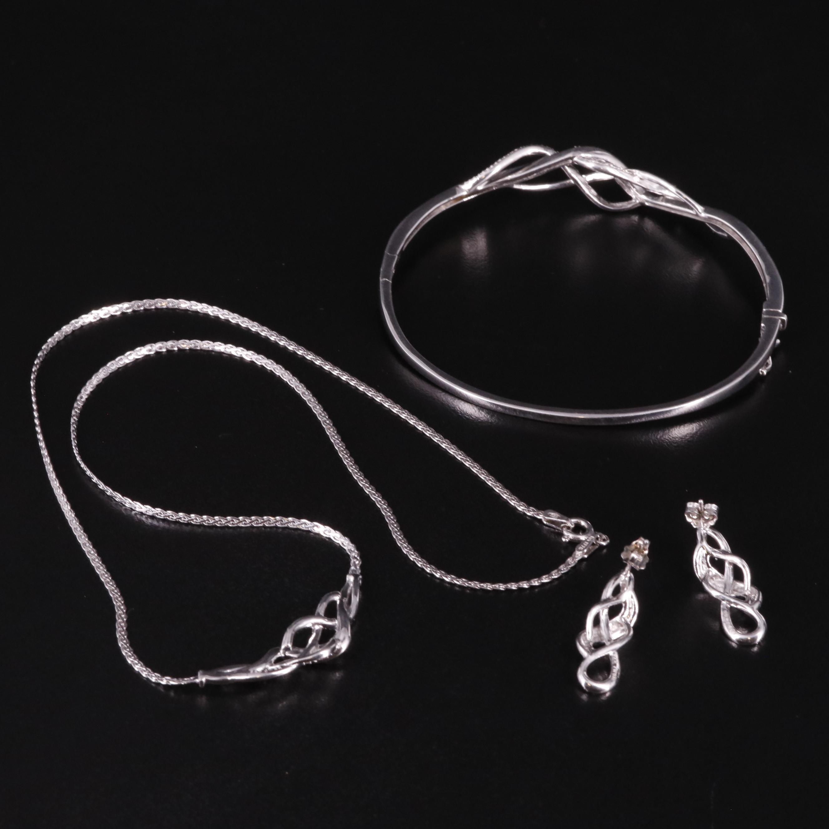 Sterling Diamond Bracelet, Earrings and Festoon Necklace Set