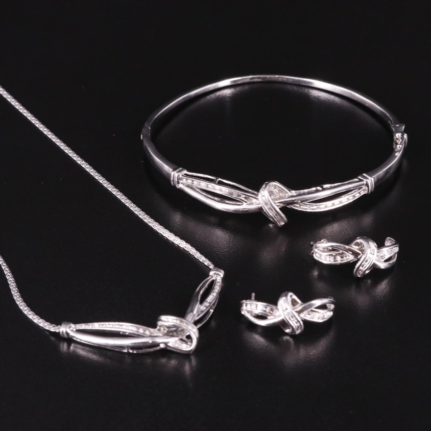 Sterling Diamond Bracelet, Earrings and Festoon Necklace Set