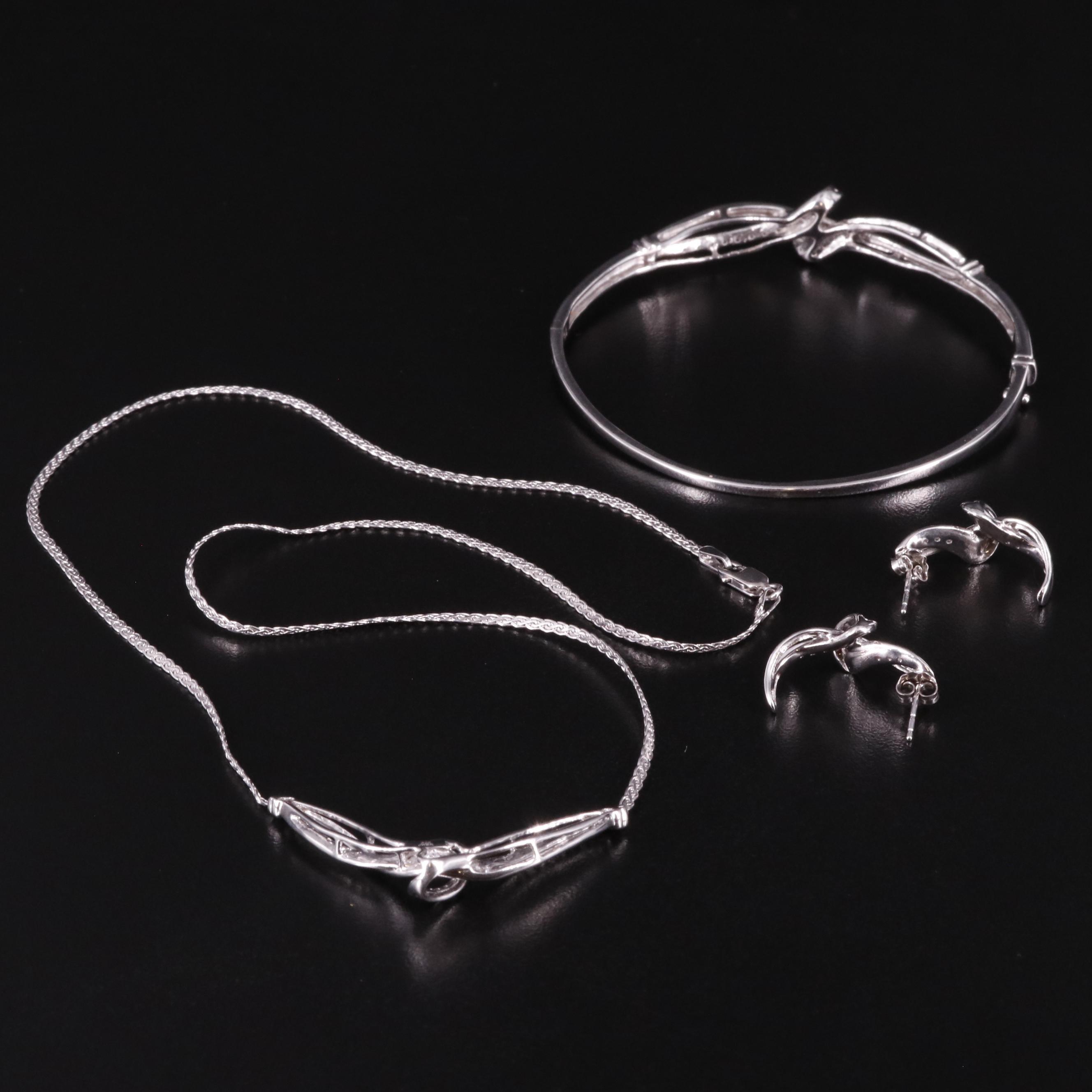 Sterling Diamond Bracelet, Earrings and Festoon Necklace Set