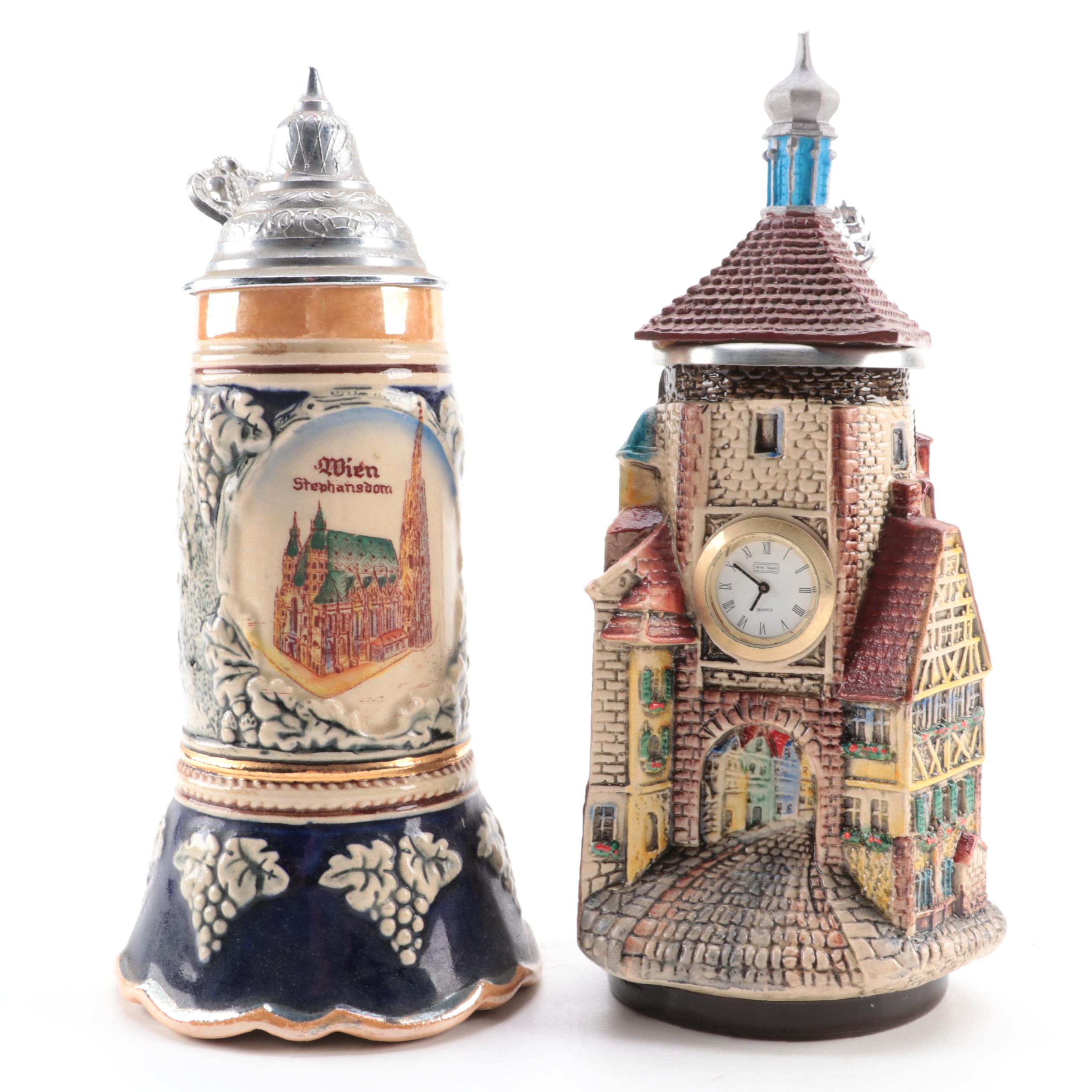 Westerwald Team Architectural Clock Stein with Other Ceramic Music Box Stein