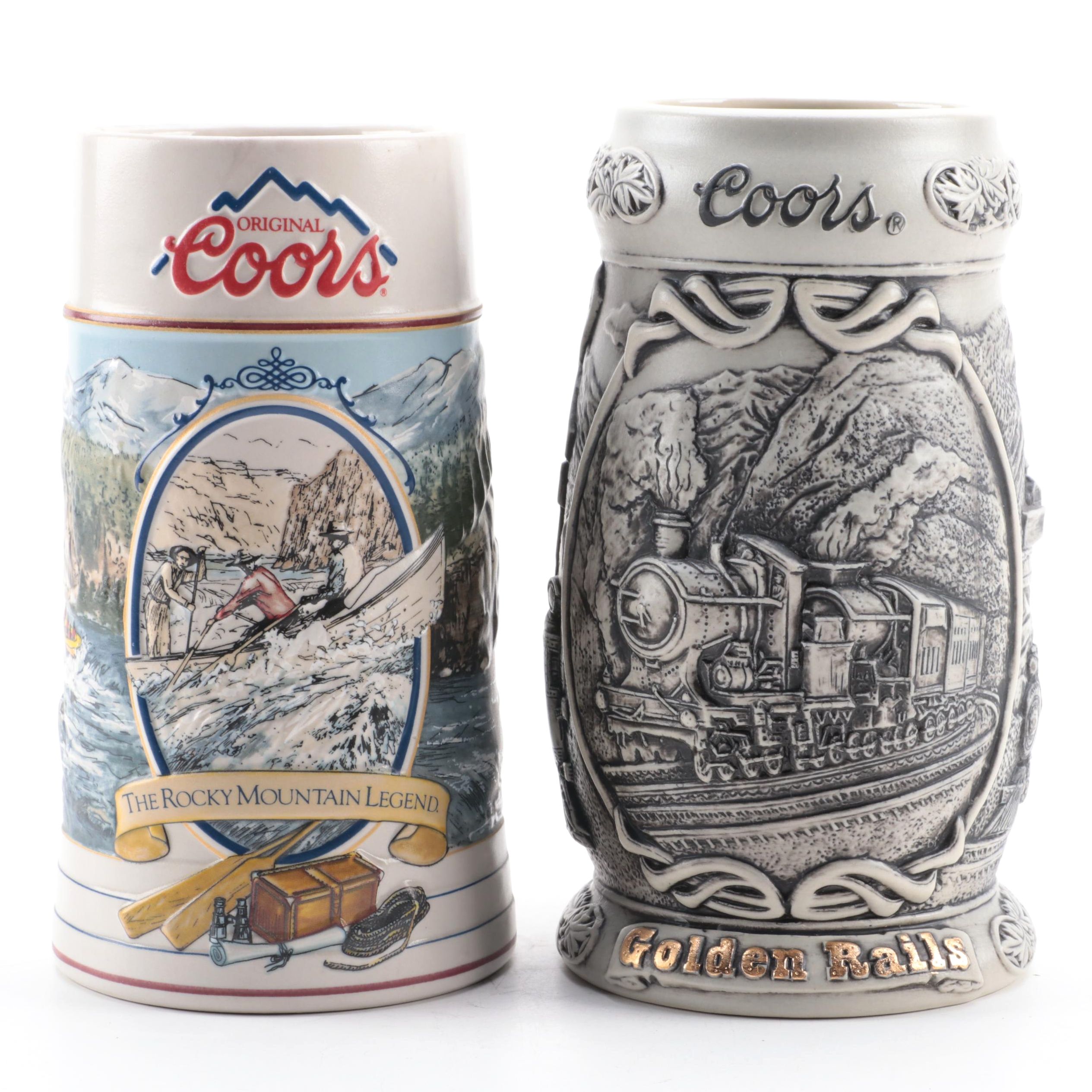 Coors "Golden Rails" and "The Rocky Mountain Legend" Ceramic Beer Steins