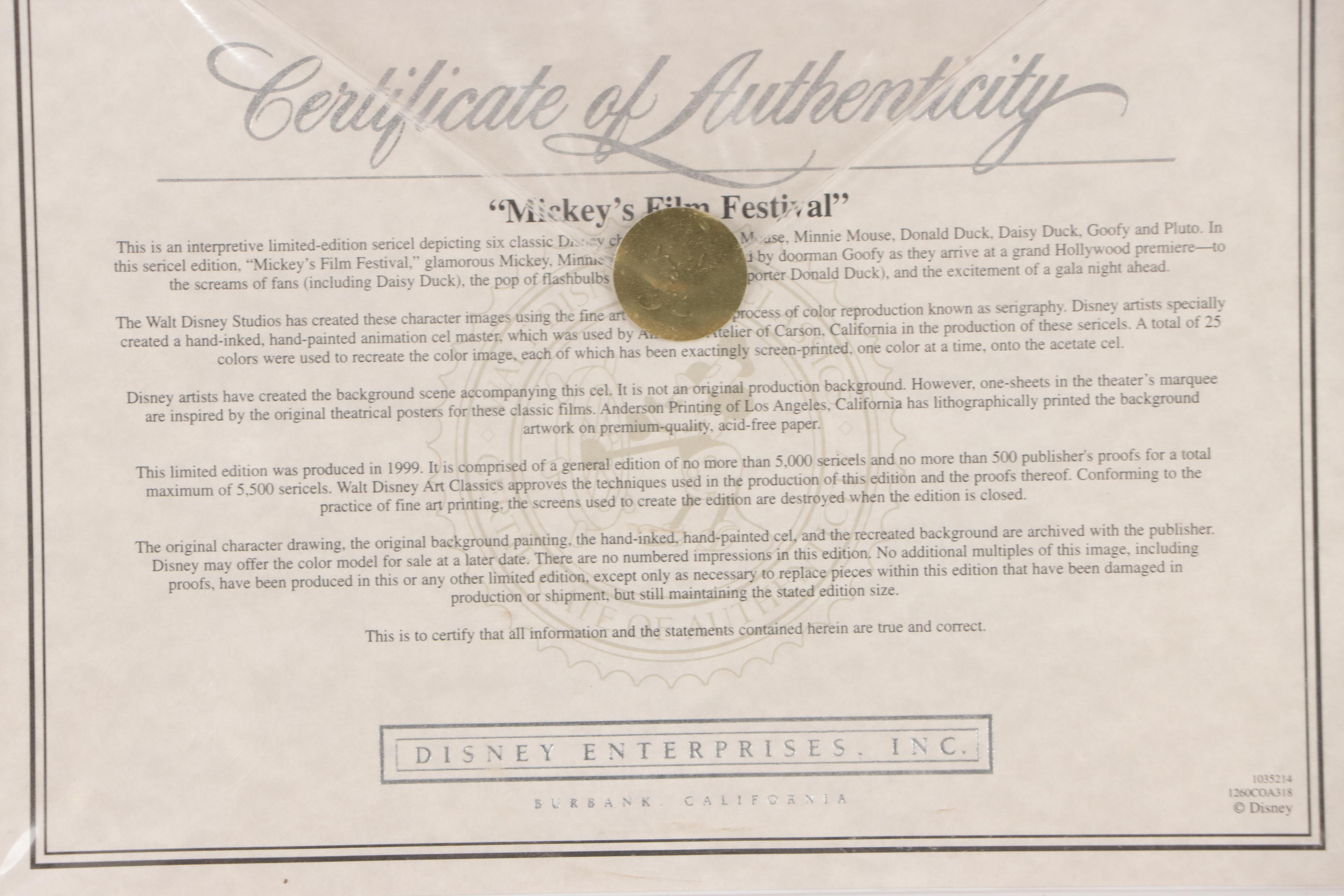 Disney Sericel Signed by Character Voice Artists "Mickey's Film Festival," 1999